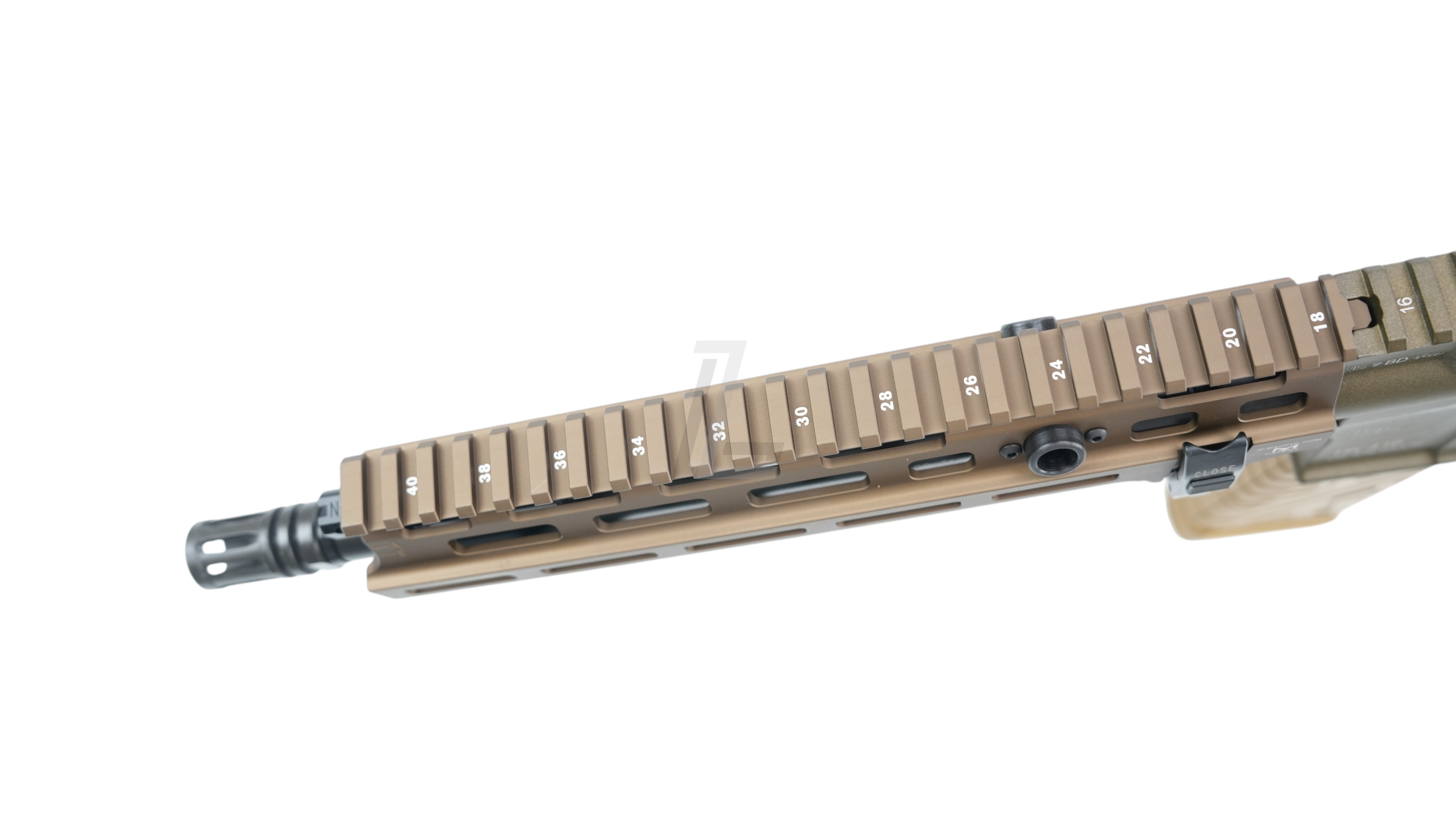Landing Zone VFC Umarex HK416A5 M-LOK EVO GBB airsoft rifle handguard in RAL8000 tan finish with numbered rail slots.