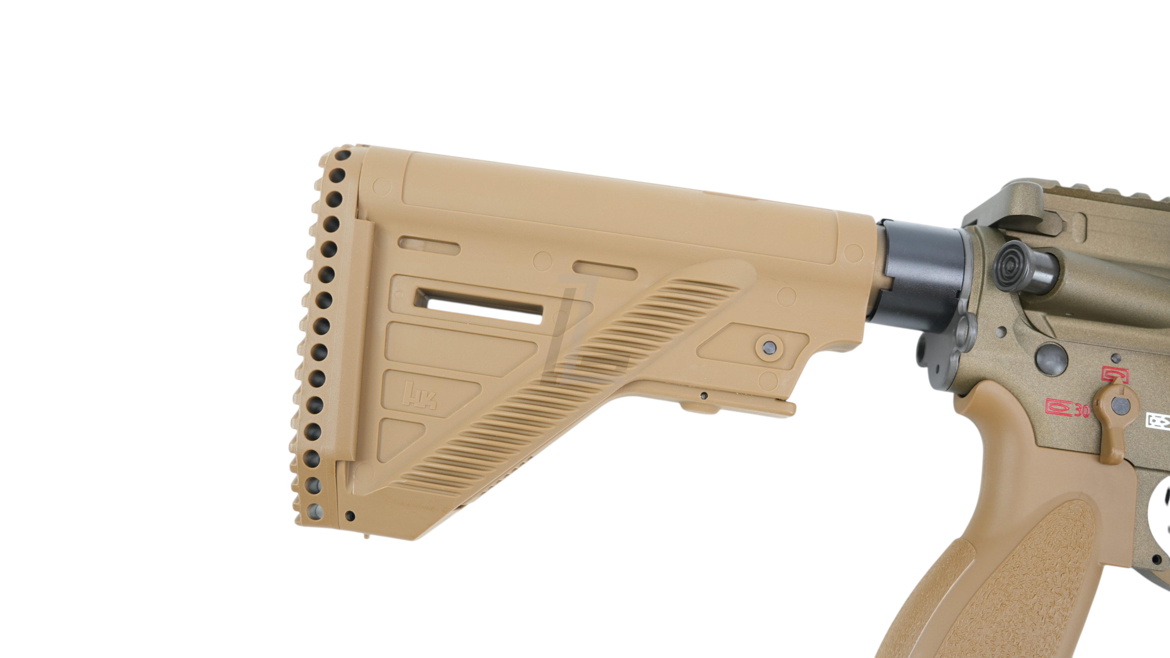 Landing Zone VFC Umarex HK416A5 GBB airsoft rifle stock in RAL8000 tan finish with HK branding