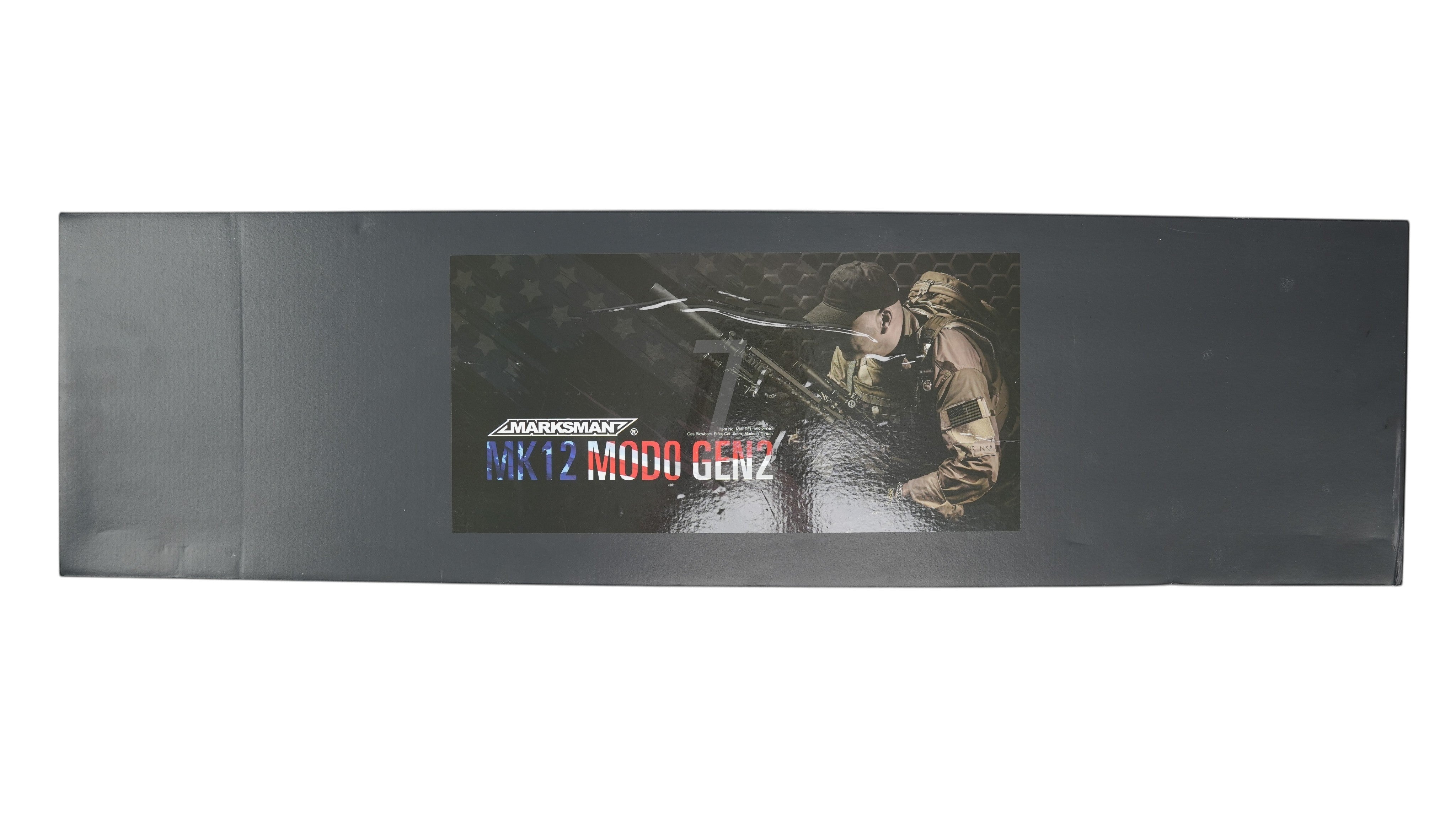 Landing Zone branded black box for the MARKSMAN MK12 Mod0 Gen2 GBB airsoft rifle featuring tactical imagery