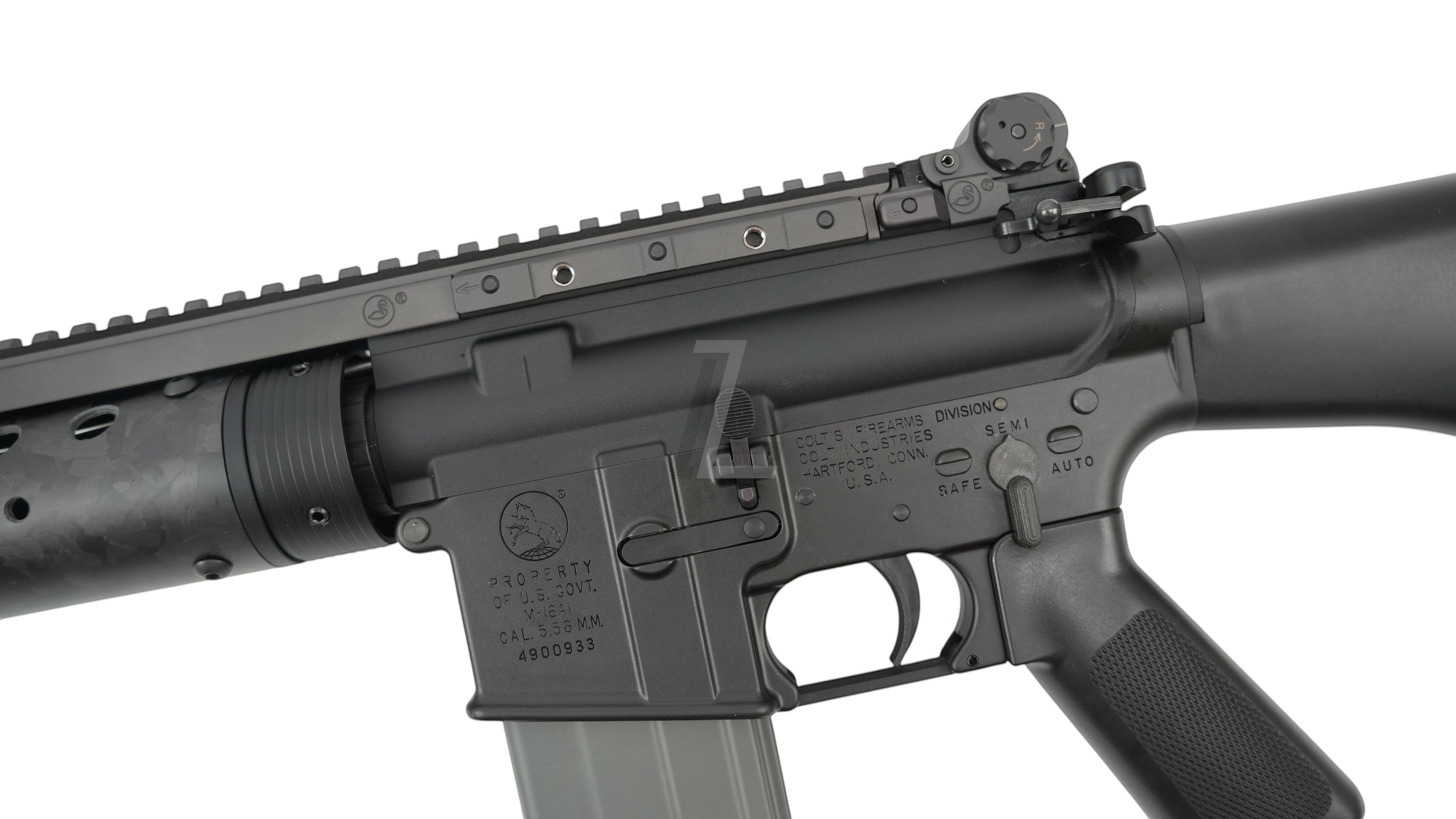 Landing Zone MARKSMAN MK12 Mod0 Gen2 GBB airsoft rifle receiver and rail detail with matte black metal finish.