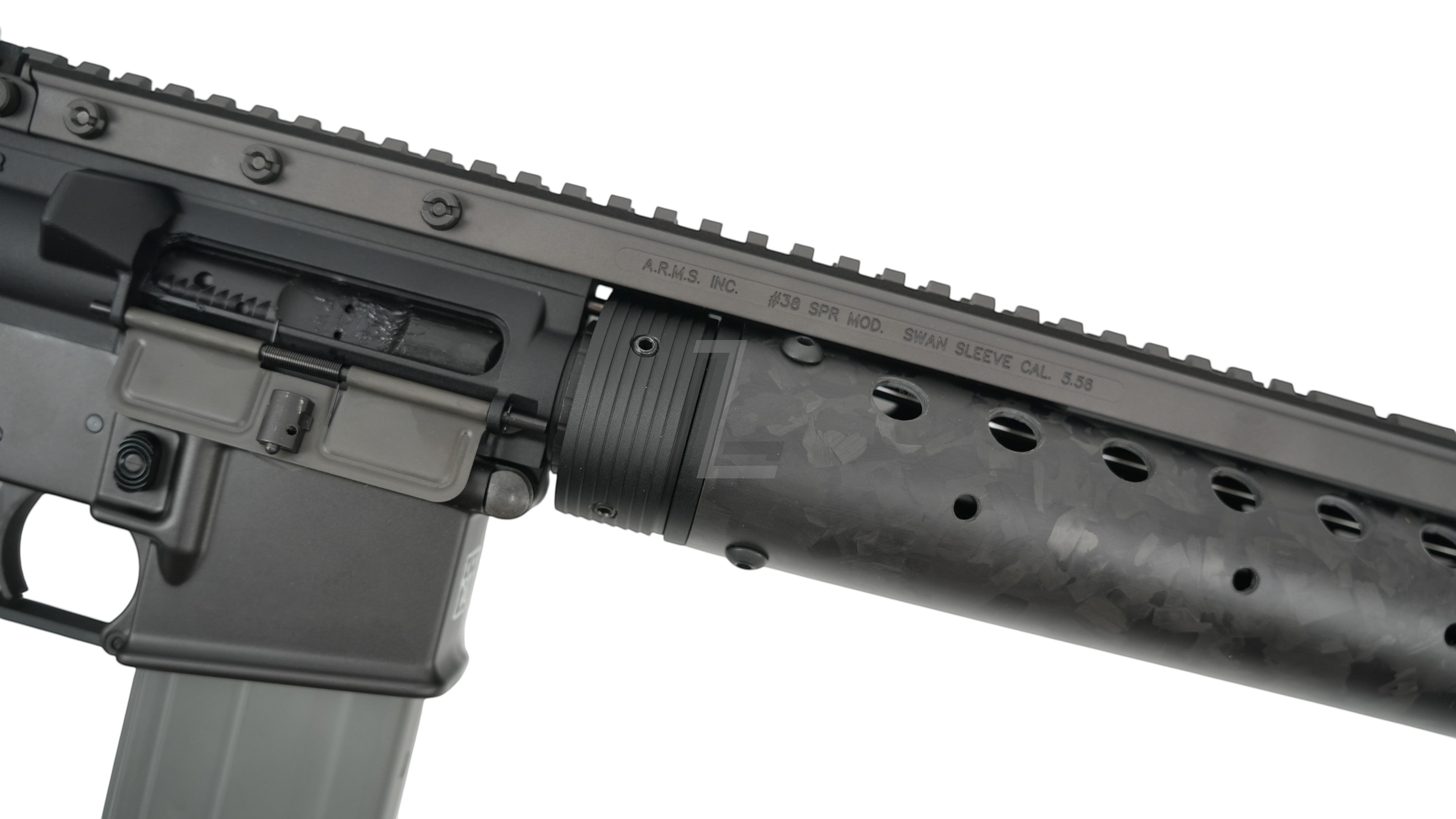 Landing Zone MARKSMAN MK12 Mod0 Gen2 GBB airsoft rifle featuring a detailed A.R.M.S. SPR swan sleeve and metal handguard