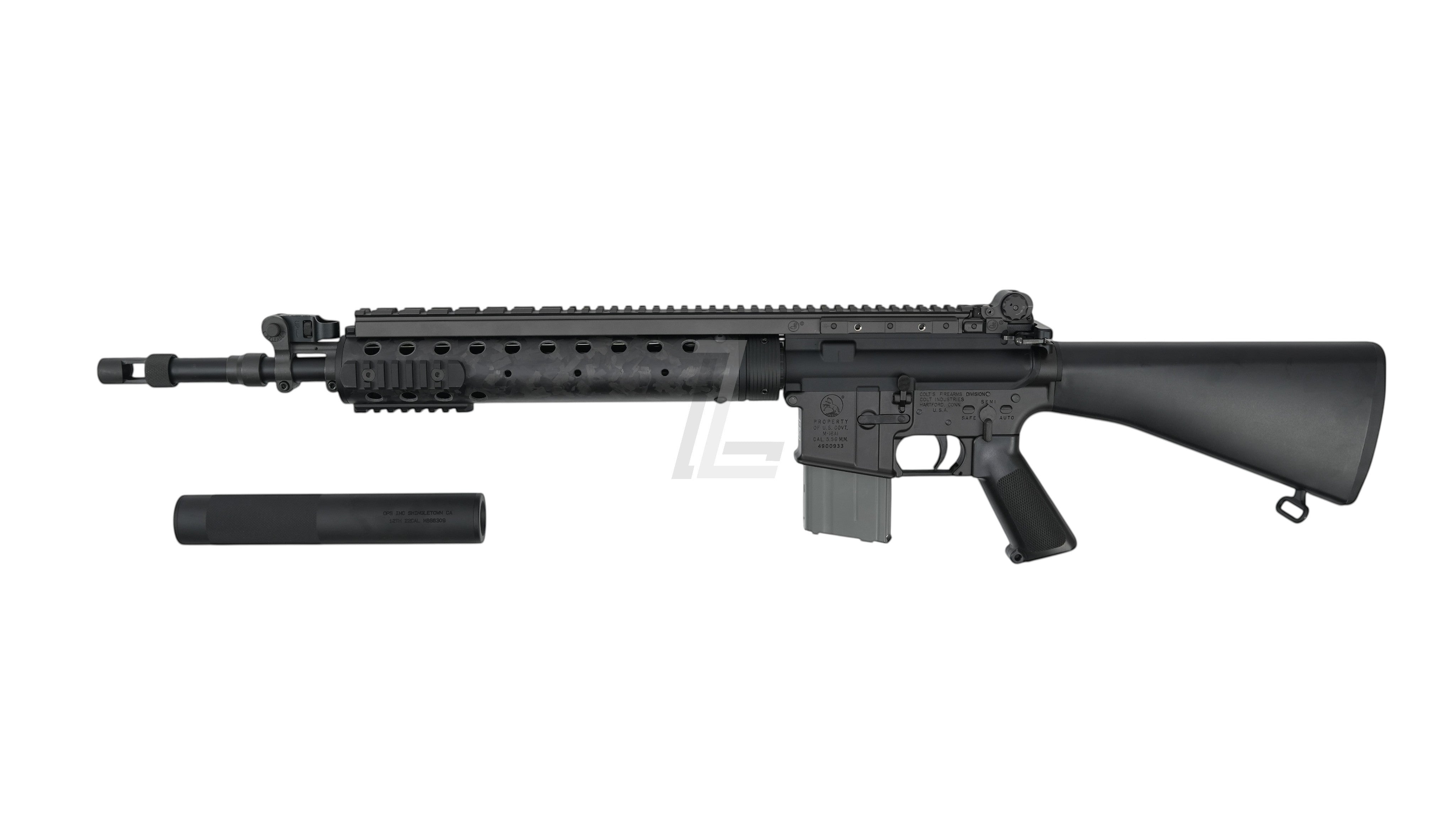 Landing Zone MARKSMAN MK12 Mod0 Gen2 GBB airsoft rifle in black with metal construction and detachable suppressor