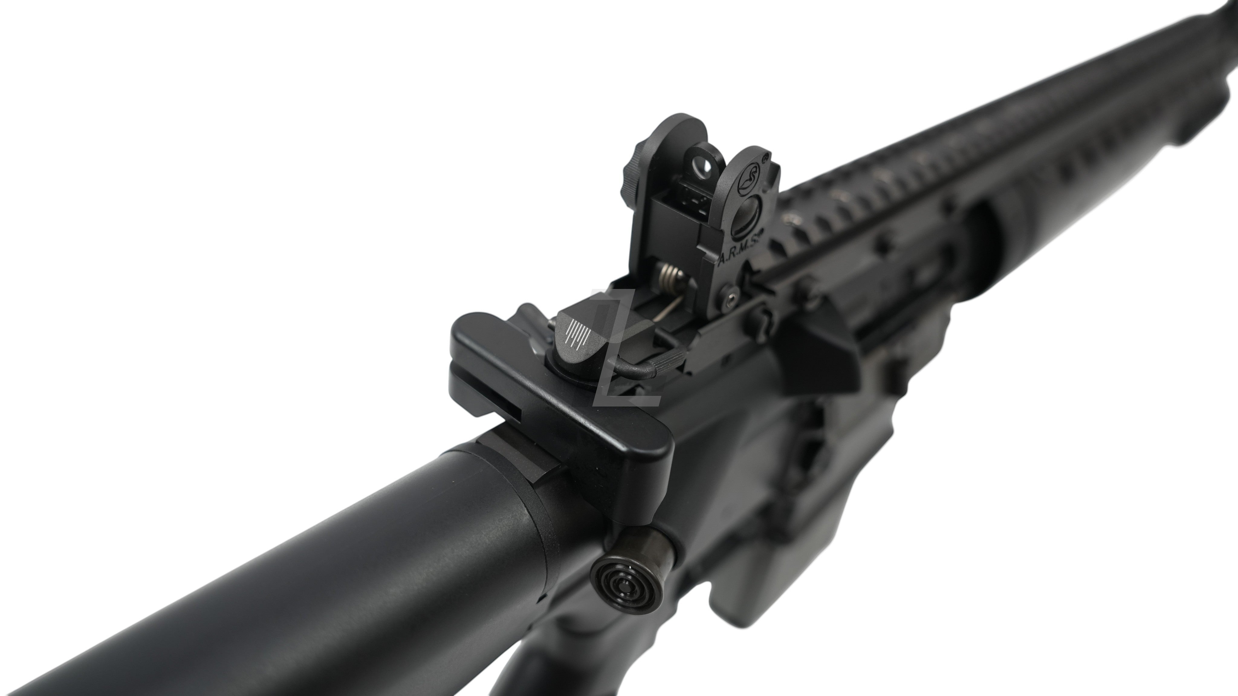 Landing Zone MARKSMAN MK12 Mod0 Gen2 GBB airsoft rifle featuring a detailed rear iron sight and metal receiver