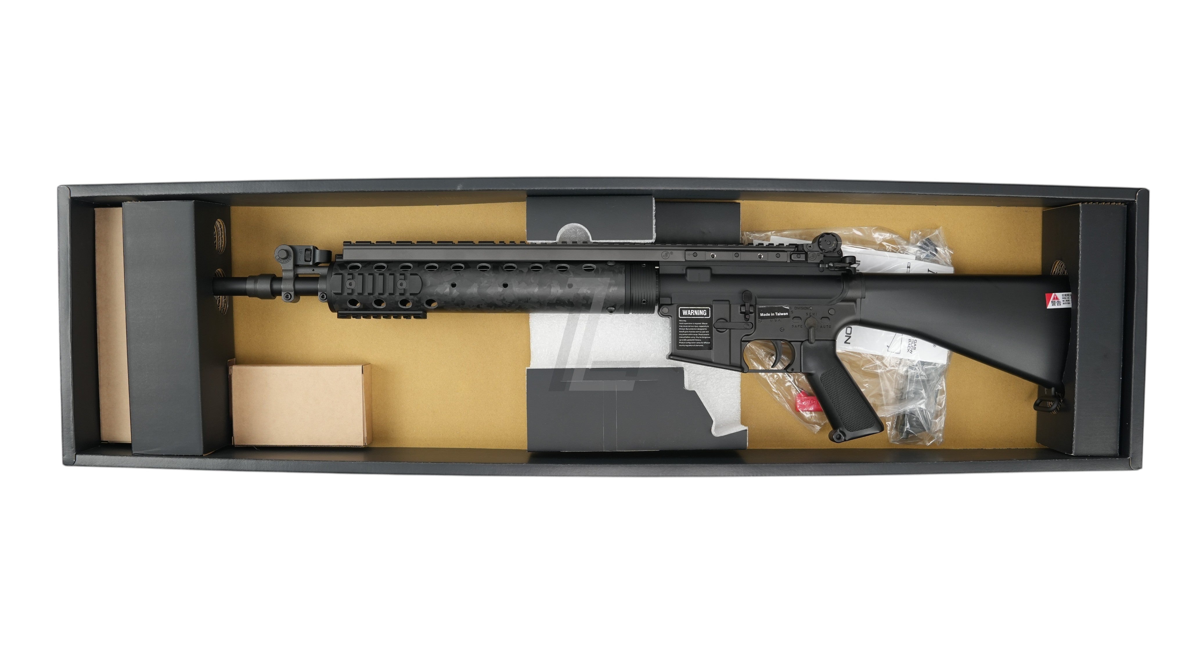Landing Zone MARKSMAN MK12 Mod0 Gen2 GBB airsoft rifle in a black metal finish, displayed inside its original box.