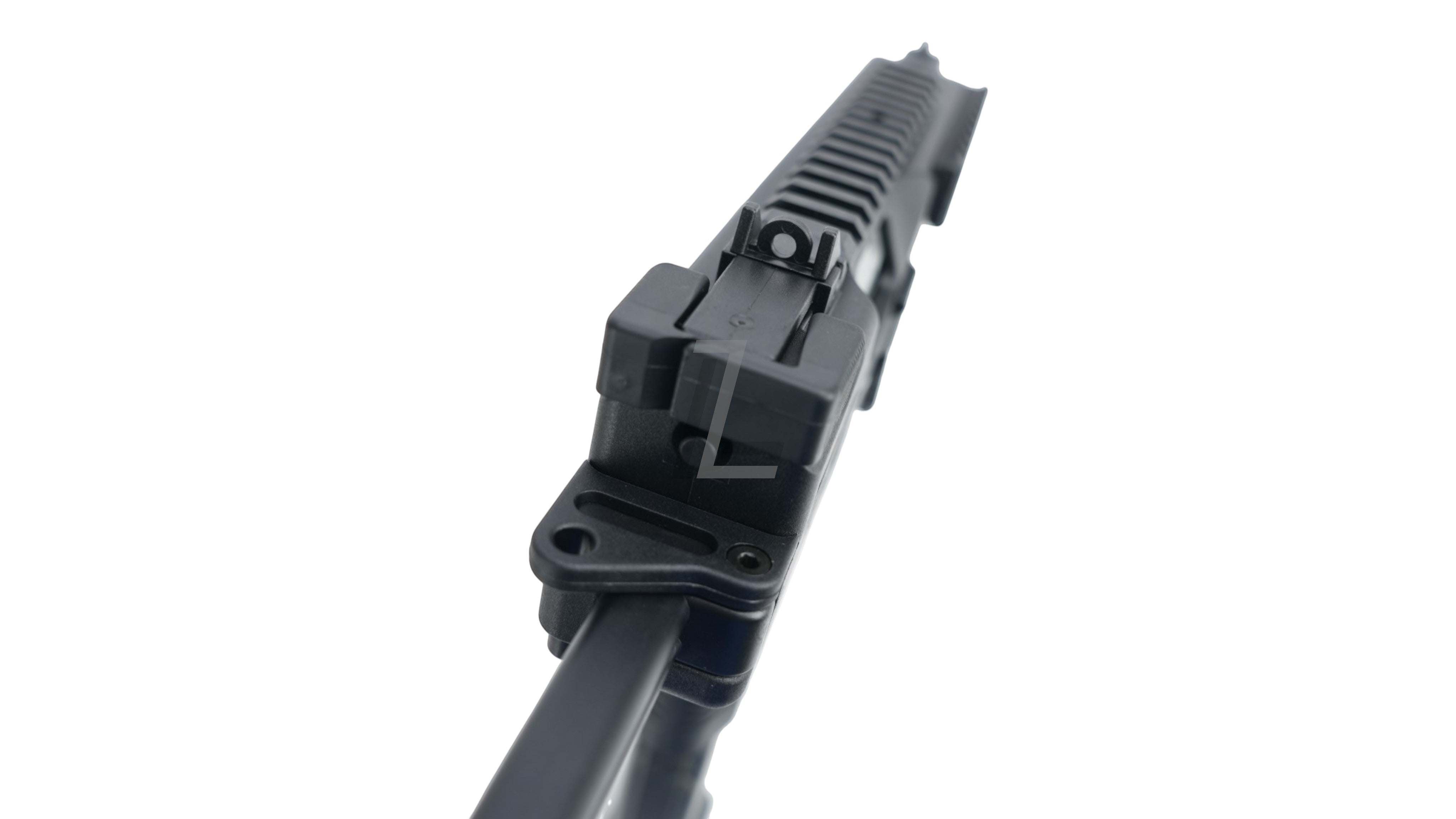 Landing Zone Maruyama MP-IX MP9 DX GBB airsoft top view showing the integrated rail system and rear sight