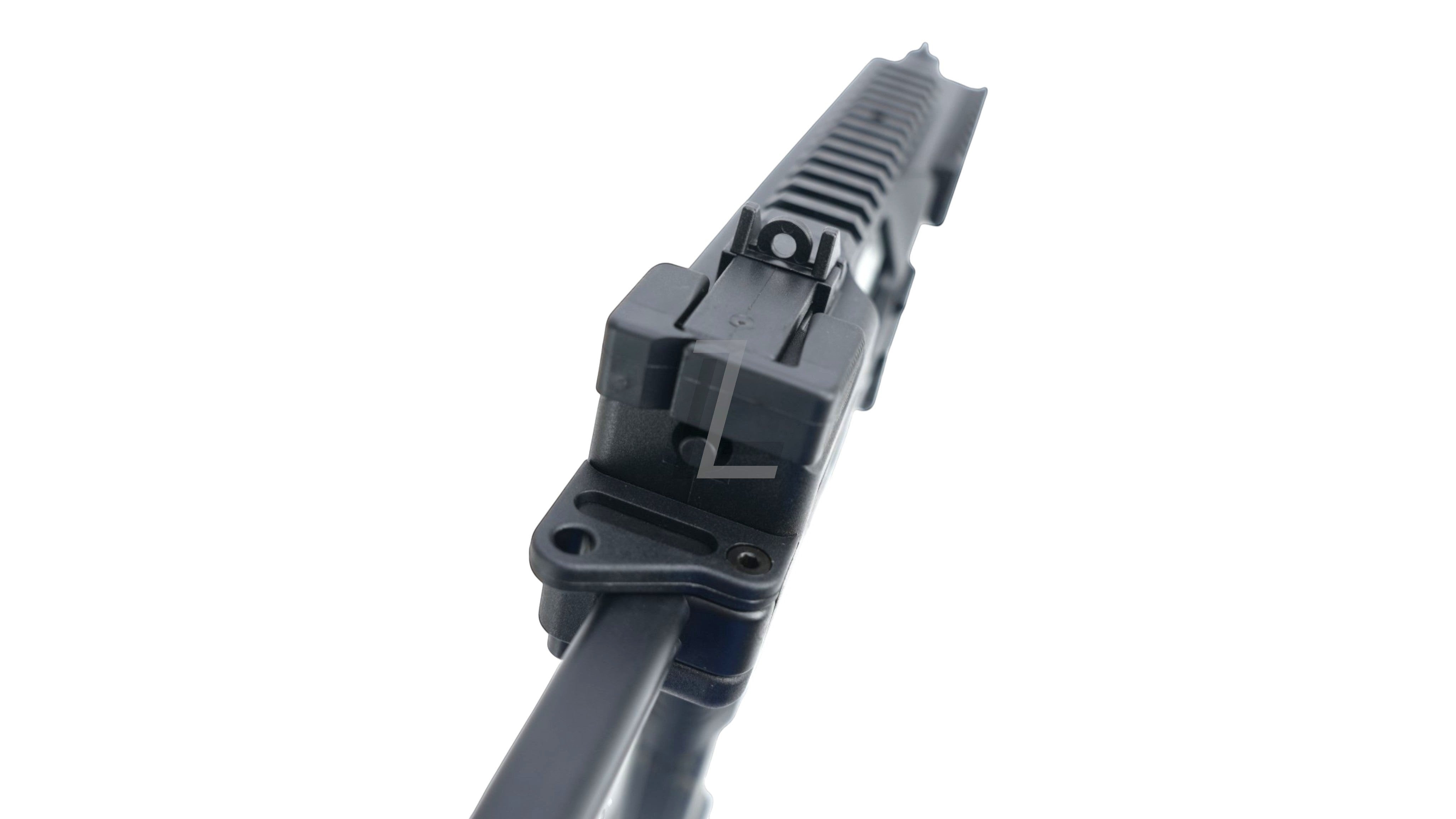 Landing Zone Maruyama MP-IX MP9 DX GBB airsoft top view showing the integrated rail system and rear sight