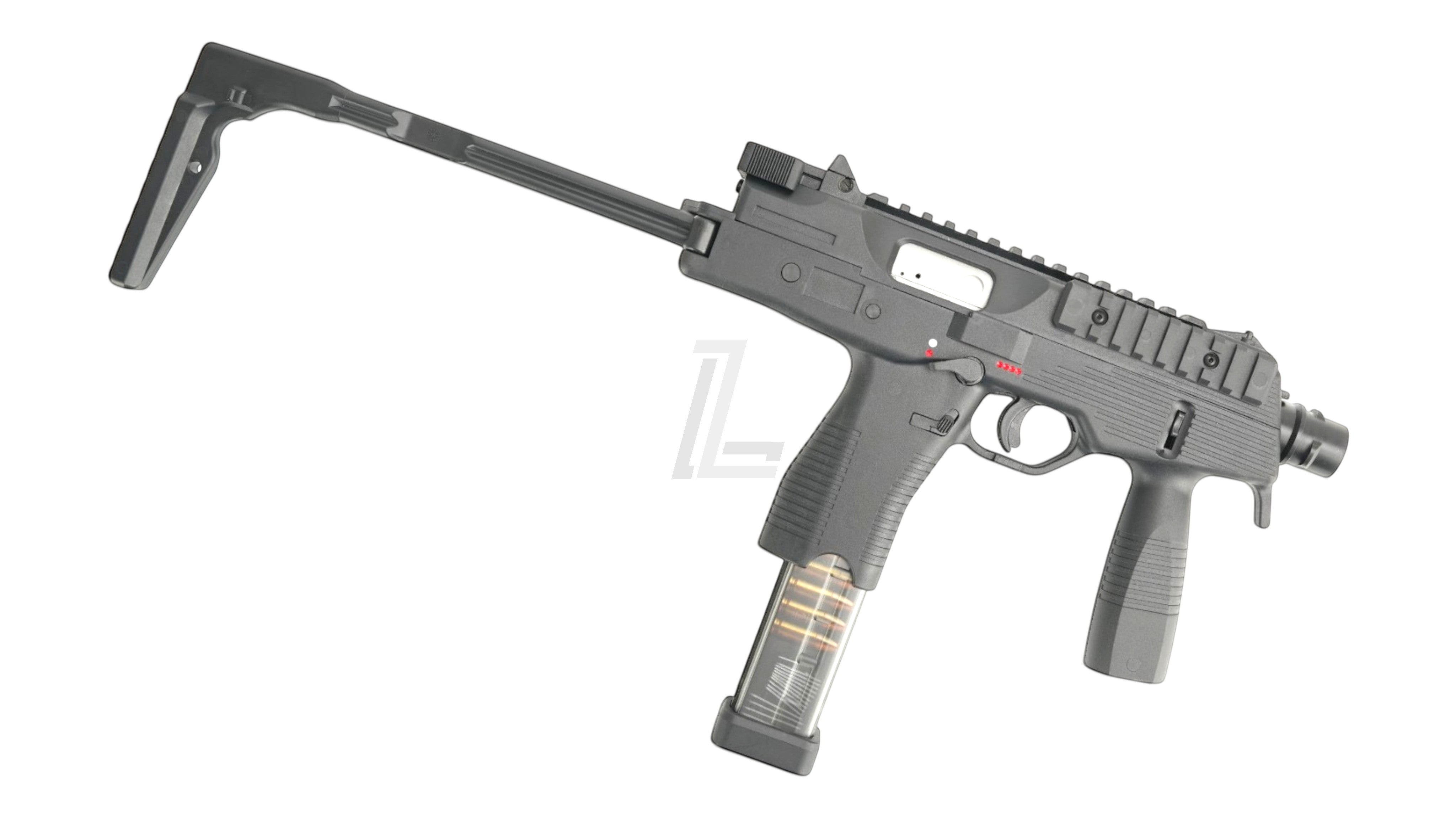 Landing Zone Maruyama MP-IX MP9 DX gas blowback airsoft submachine gun in black with extended stock and magazine