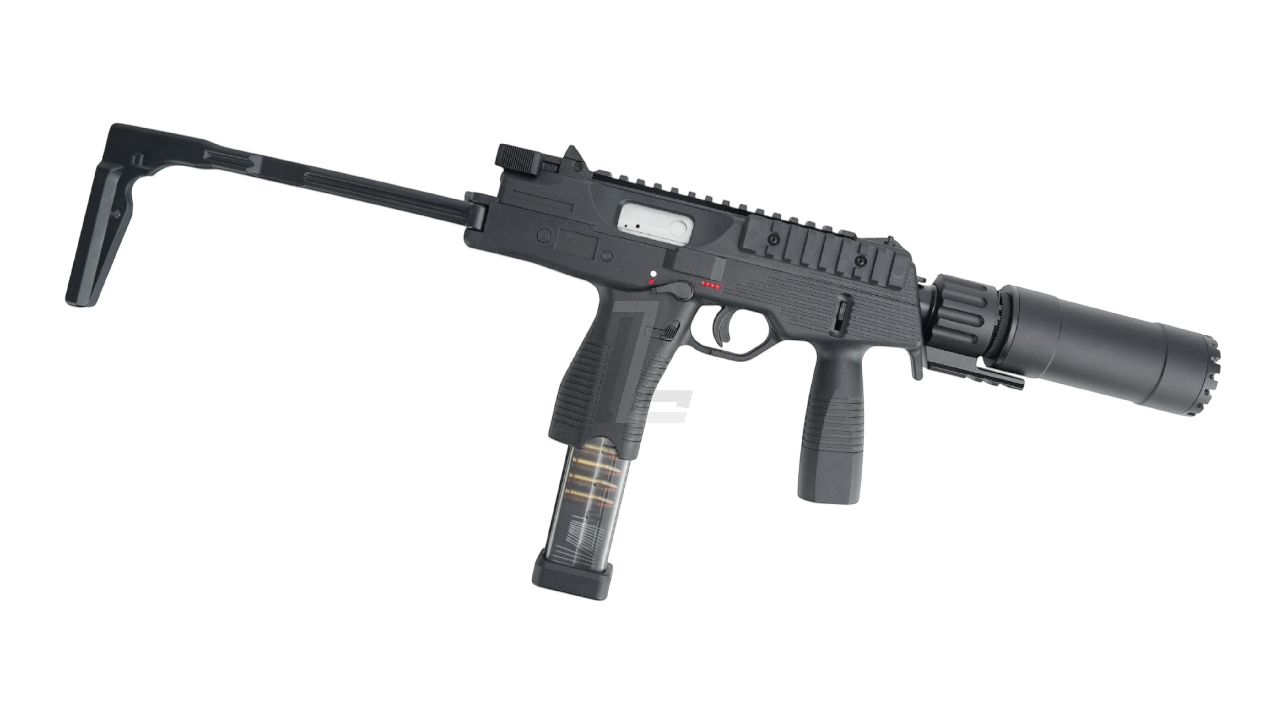 Landing Zone MARUYAMA MP-IX MP9 DX GBB airsoft submachine gun in black with extended stock and suppressor