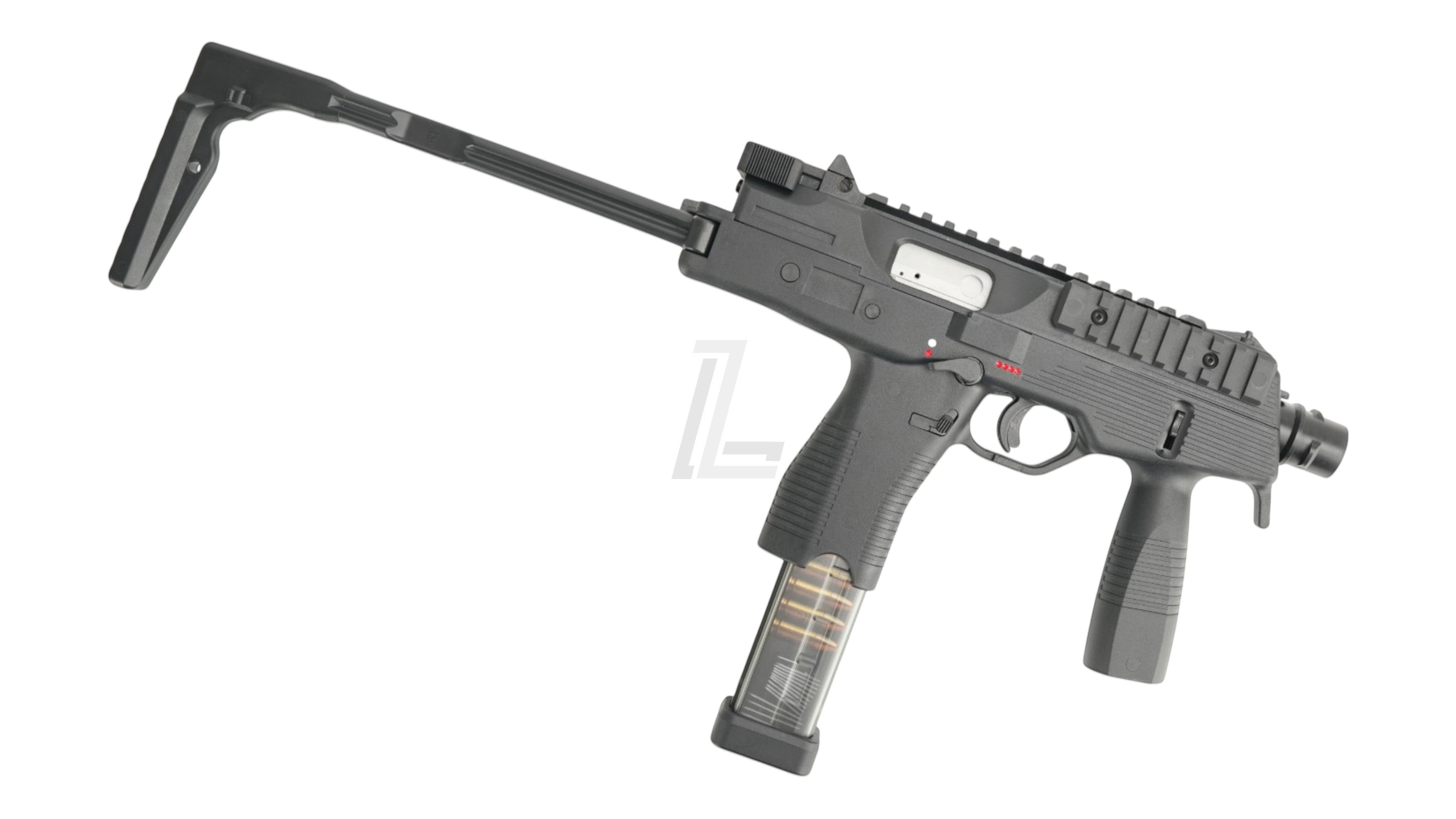 Landing Zone Maruyama MP-IX MP9 DX gas blowback airsoft submachine gun in black with extended stock and magazine