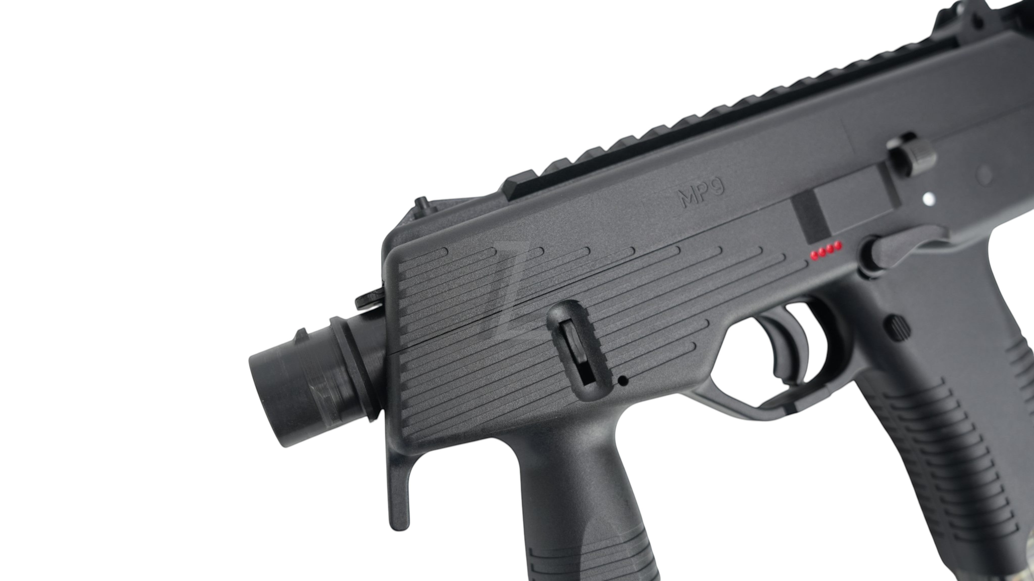 Landing Zone MARUYAMA MP-IX MP9 DX GBB airsoft submachine gun in black with textured grip and tactical rail