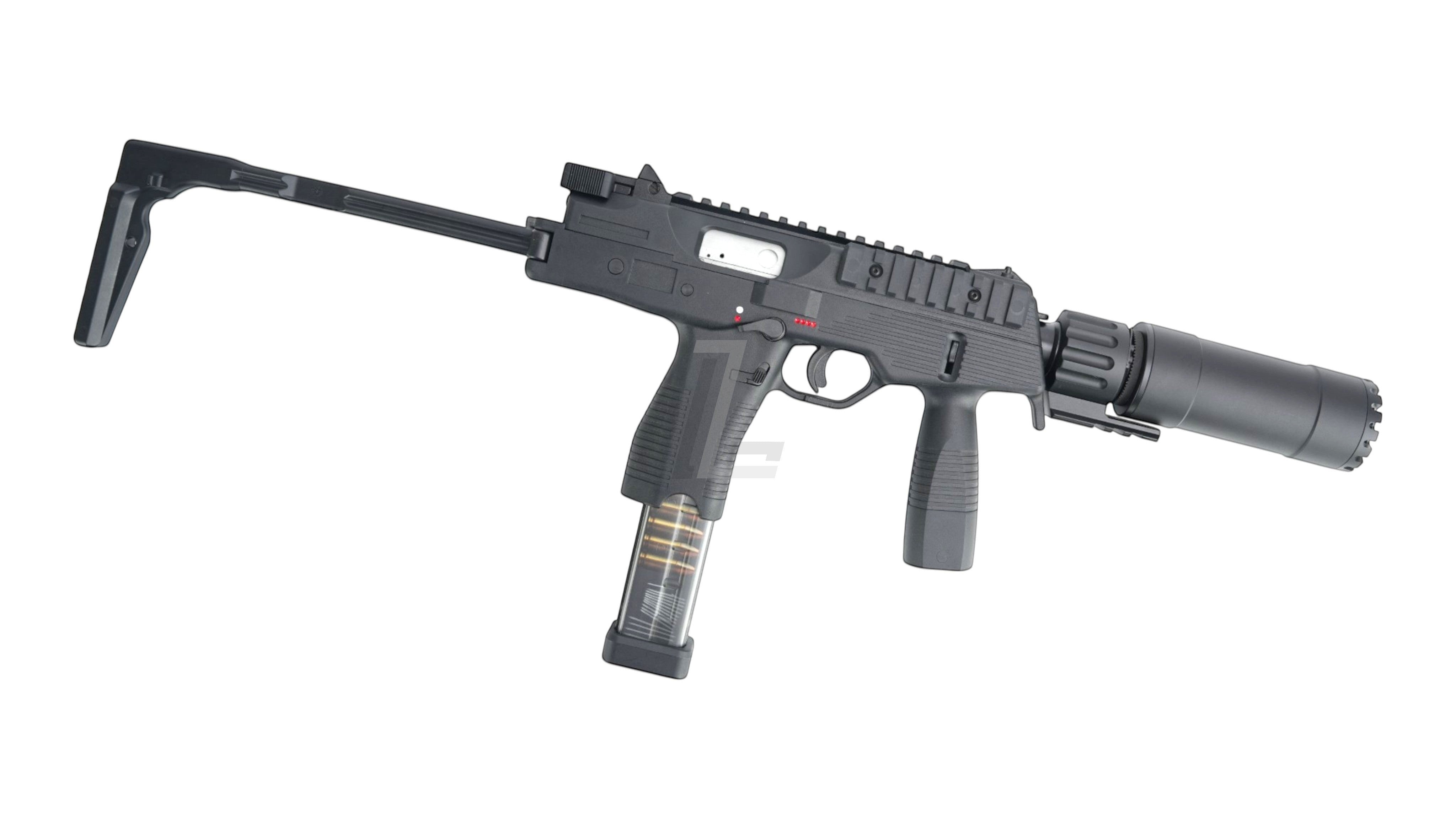 Landing Zone MARUYAMA MP-IX MP9 DX GBB airsoft submachine gun in black with extended stock and suppressor