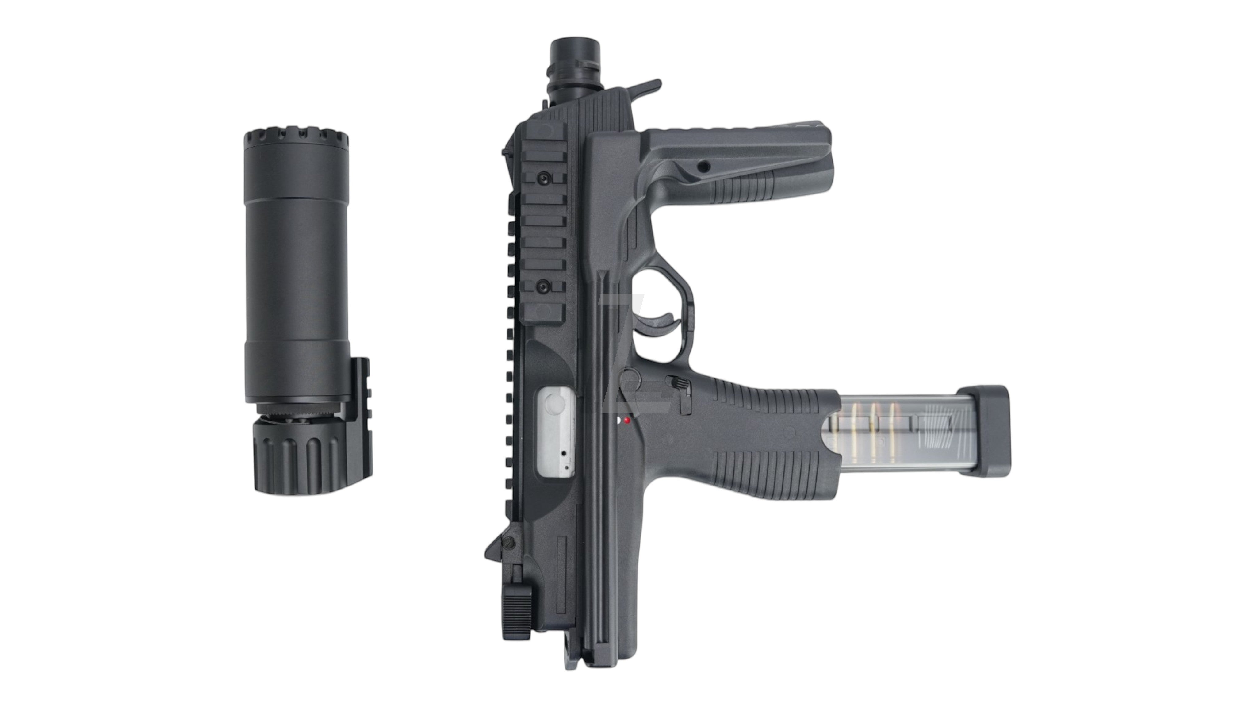 Landing Zone MARUYAMA MP-IX MP9 DX GBB airsoft submachine gun in black with detachable suppressor and clear magazine
