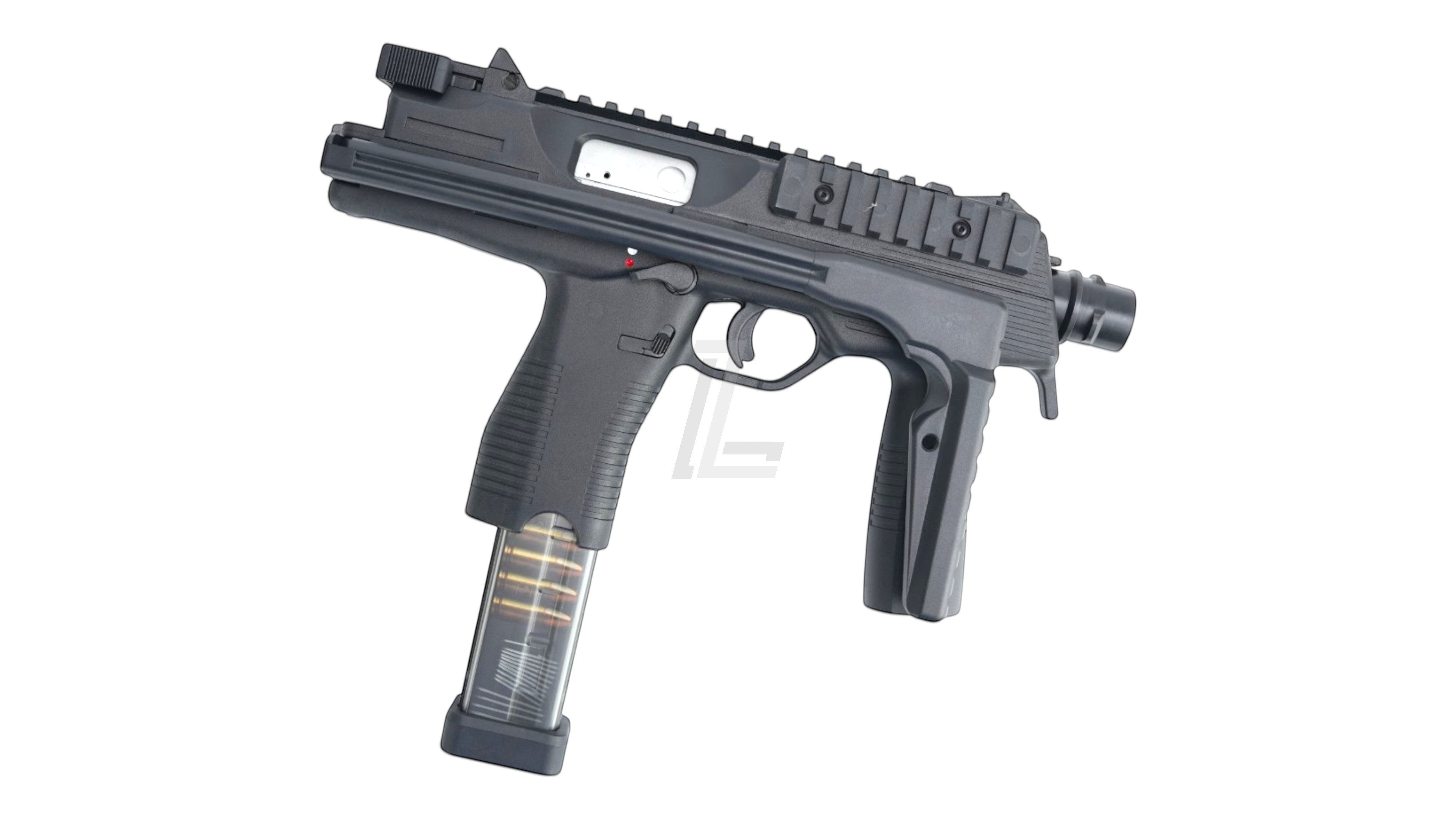 Landing Zone Maruyama MP-IX MP9 DX gas blowback airsoft submachine gun in black with extended magazine
