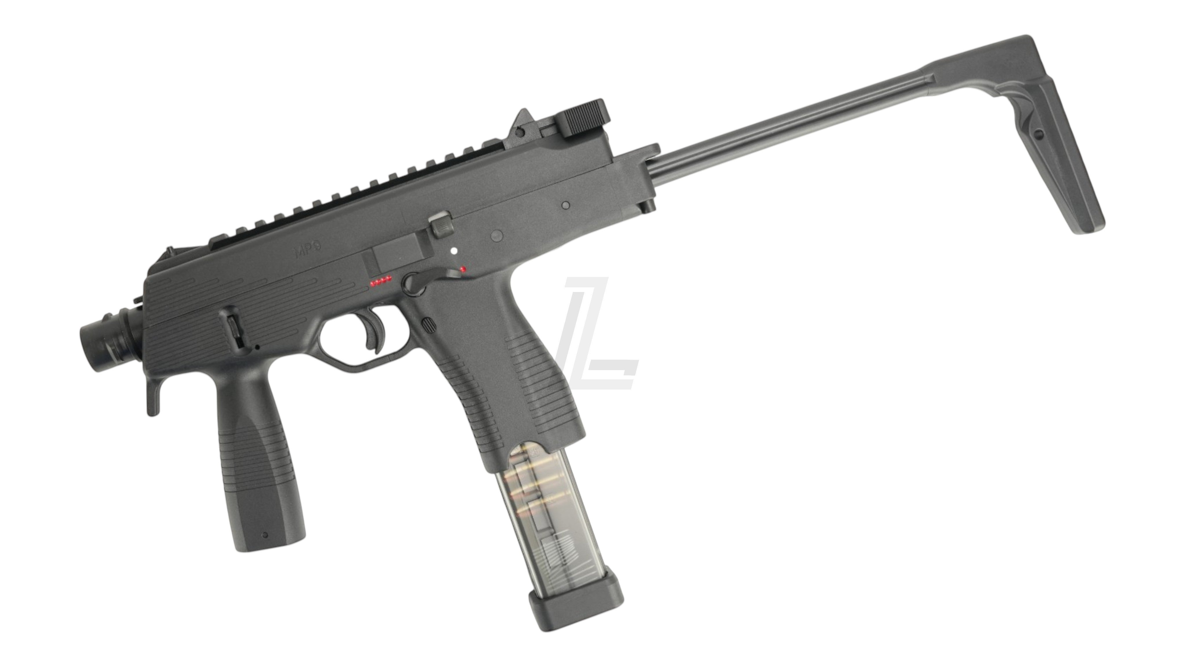 Landing Zone MARUYAMA MP-IX MP9 DX GBB airsoft submachine gun in black with extended stock and transparent magazine