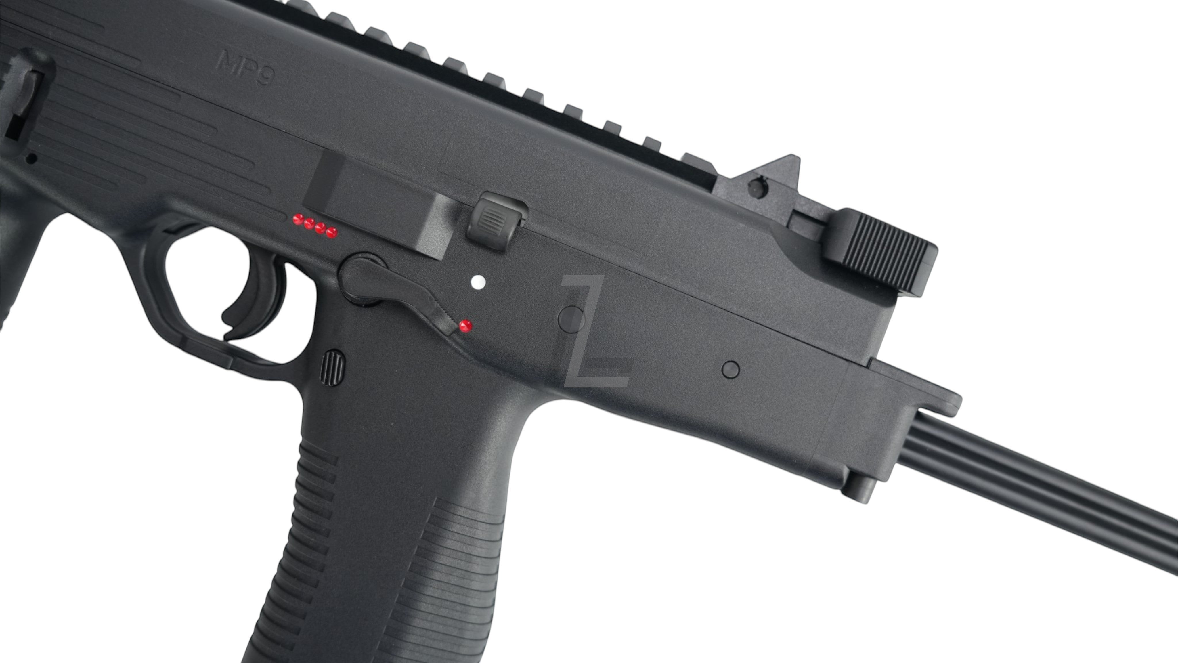 Landing Zone Maruyama MP-IX MP9 DX GBB airsoft submachine gun in black with tactical rail and fire selector