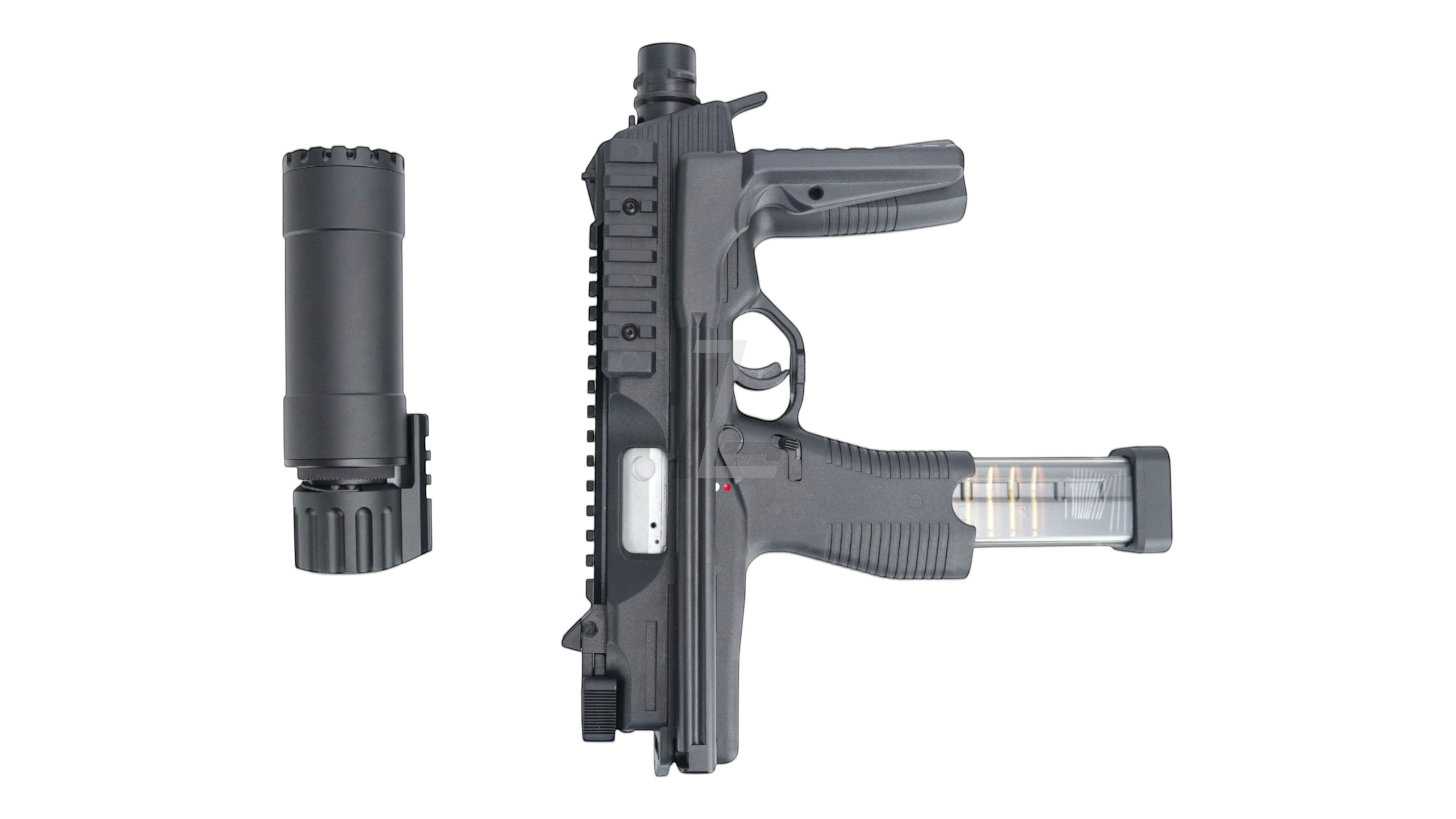 Landing Zone MARUYAMA MP-IX MP9 DX GBB airsoft submachine gun in black with detachable suppressor and clear magazine