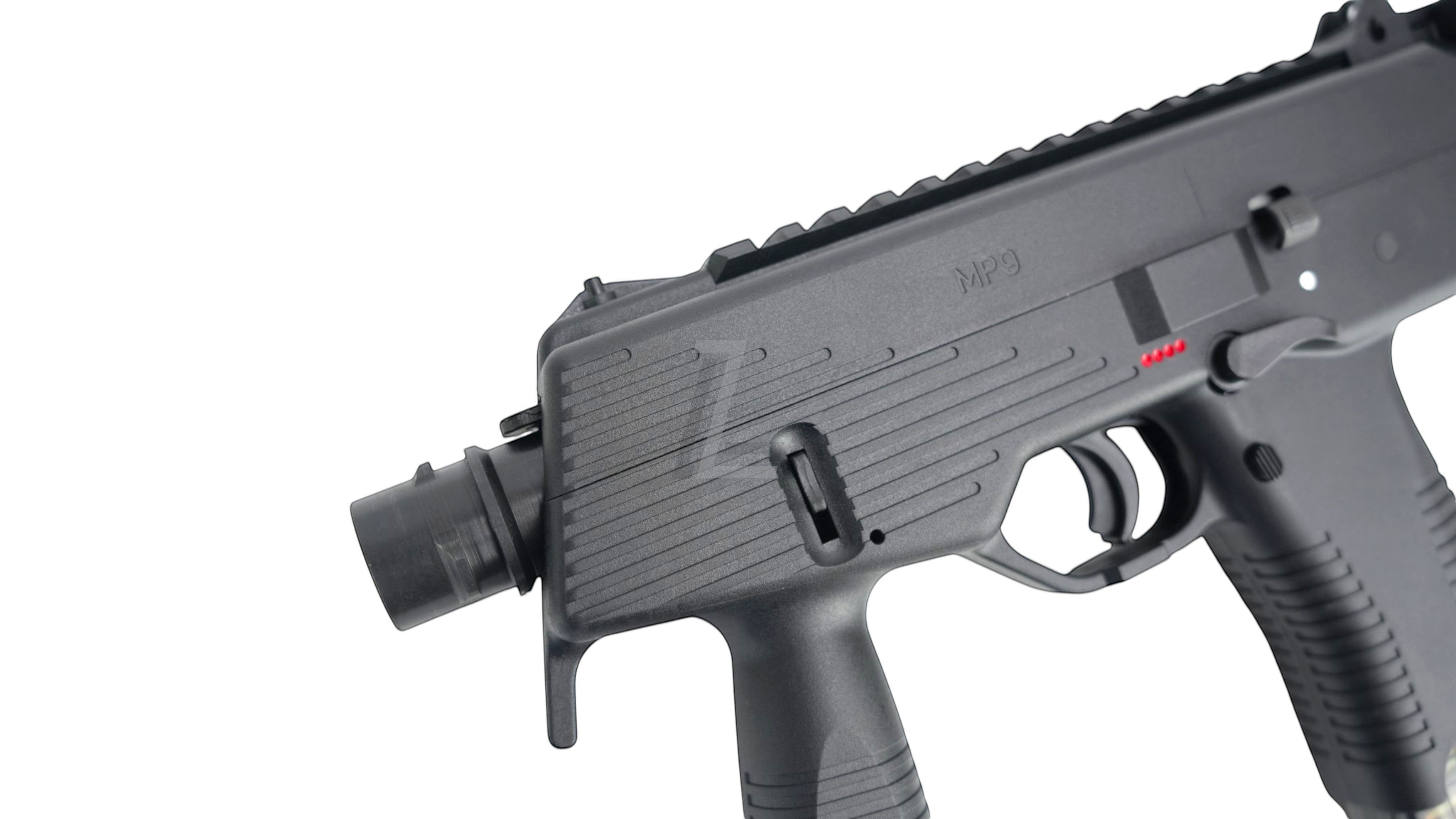 Landing Zone MARUYAMA MP-IX MP9 DX GBB airsoft submachine gun in black with textured grip and tactical rail