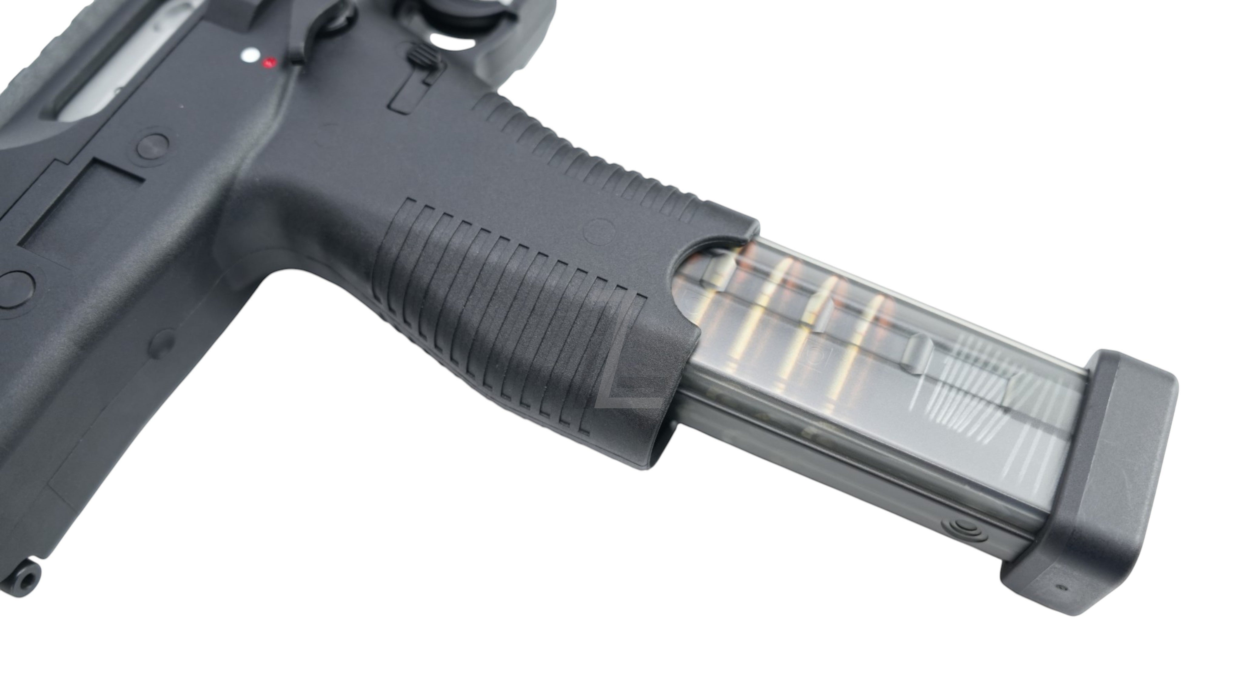Landing Zone MARUYAMA MP-IX MP9 DX GBB airsoft pistol with a clear polymer magazine showing dummy rounds.