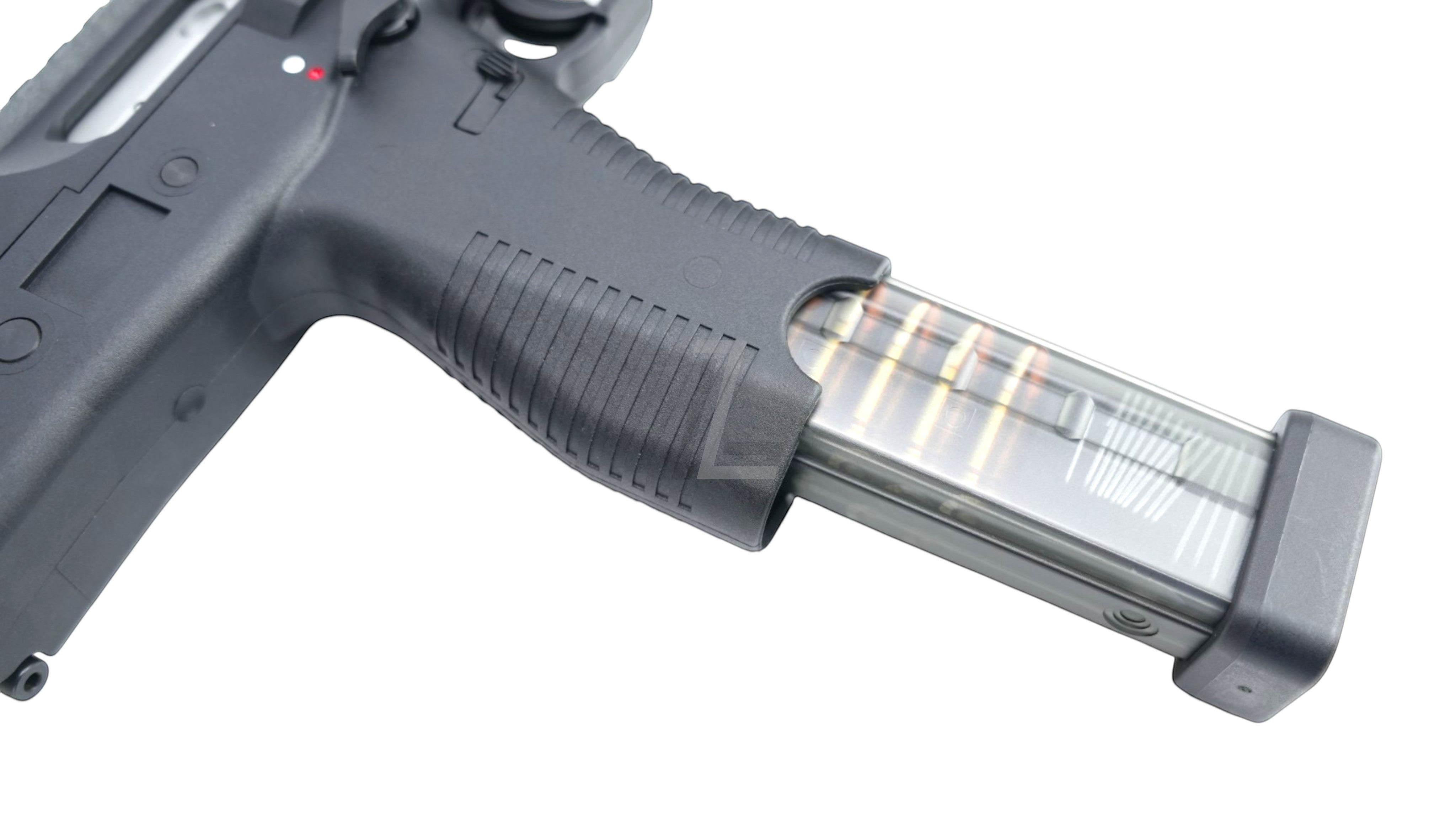 Landing Zone MARUYAMA MP-IX MP9 DX GBB airsoft pistol with a clear polymer magazine showing dummy rounds.