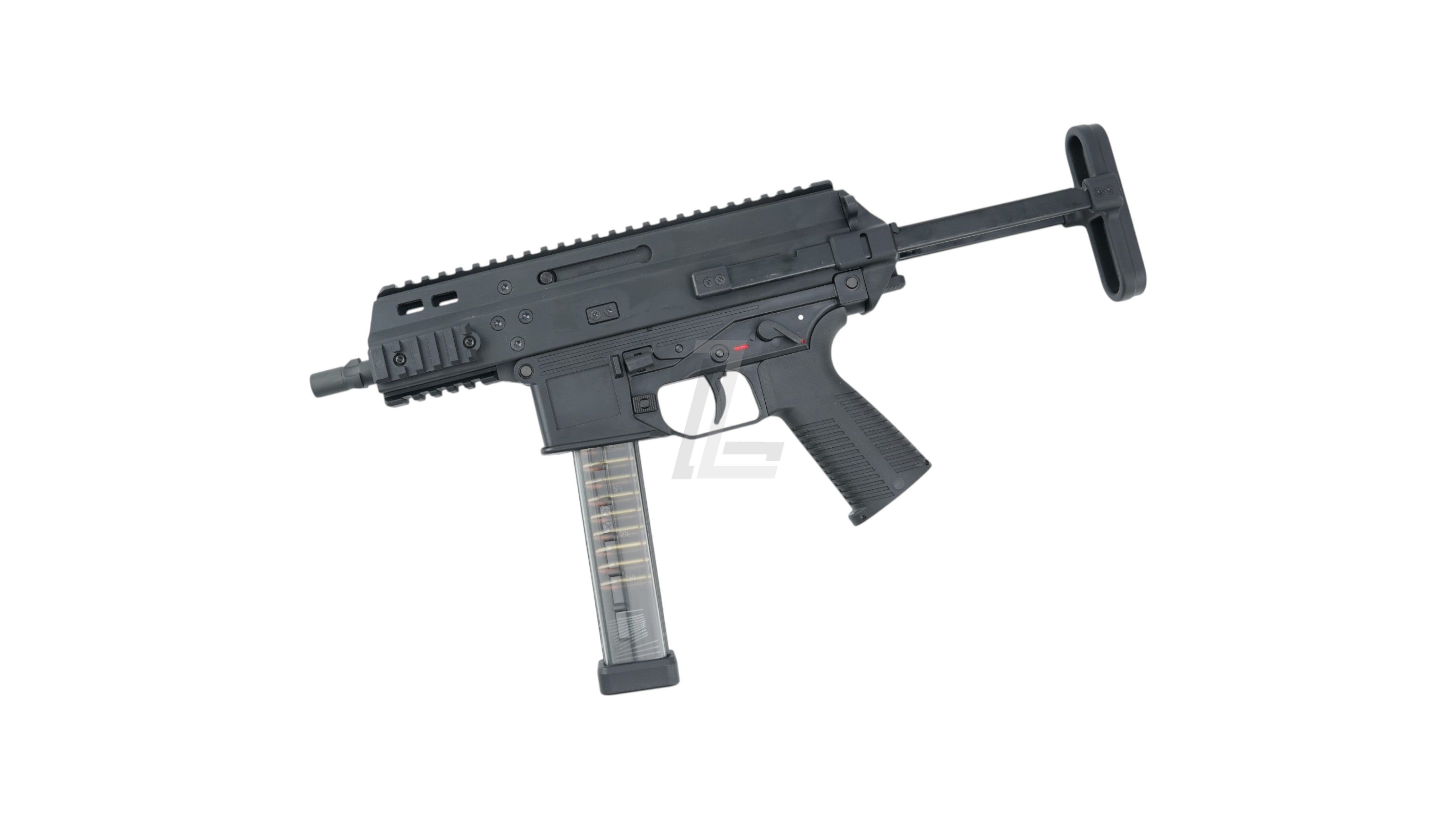 Landing Zone MARUYAMA SCW-9K PRO black gas blowback airsoft SMG with extended magazine and collapsible stock