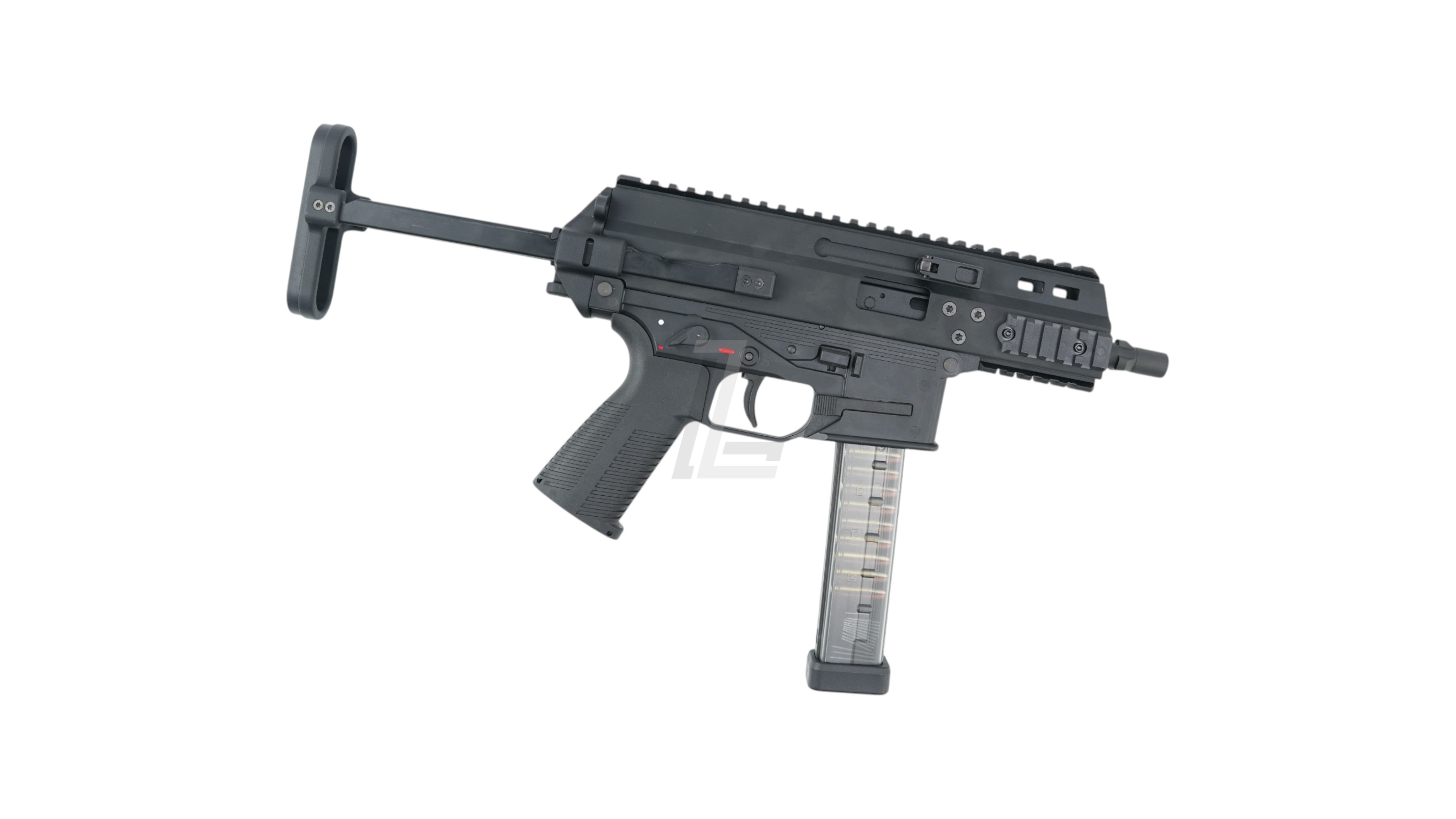 Landing Zone MARUYAMA SCW-9K PRO black gas blowback airsoft SMG with extended stock and transparent magazine