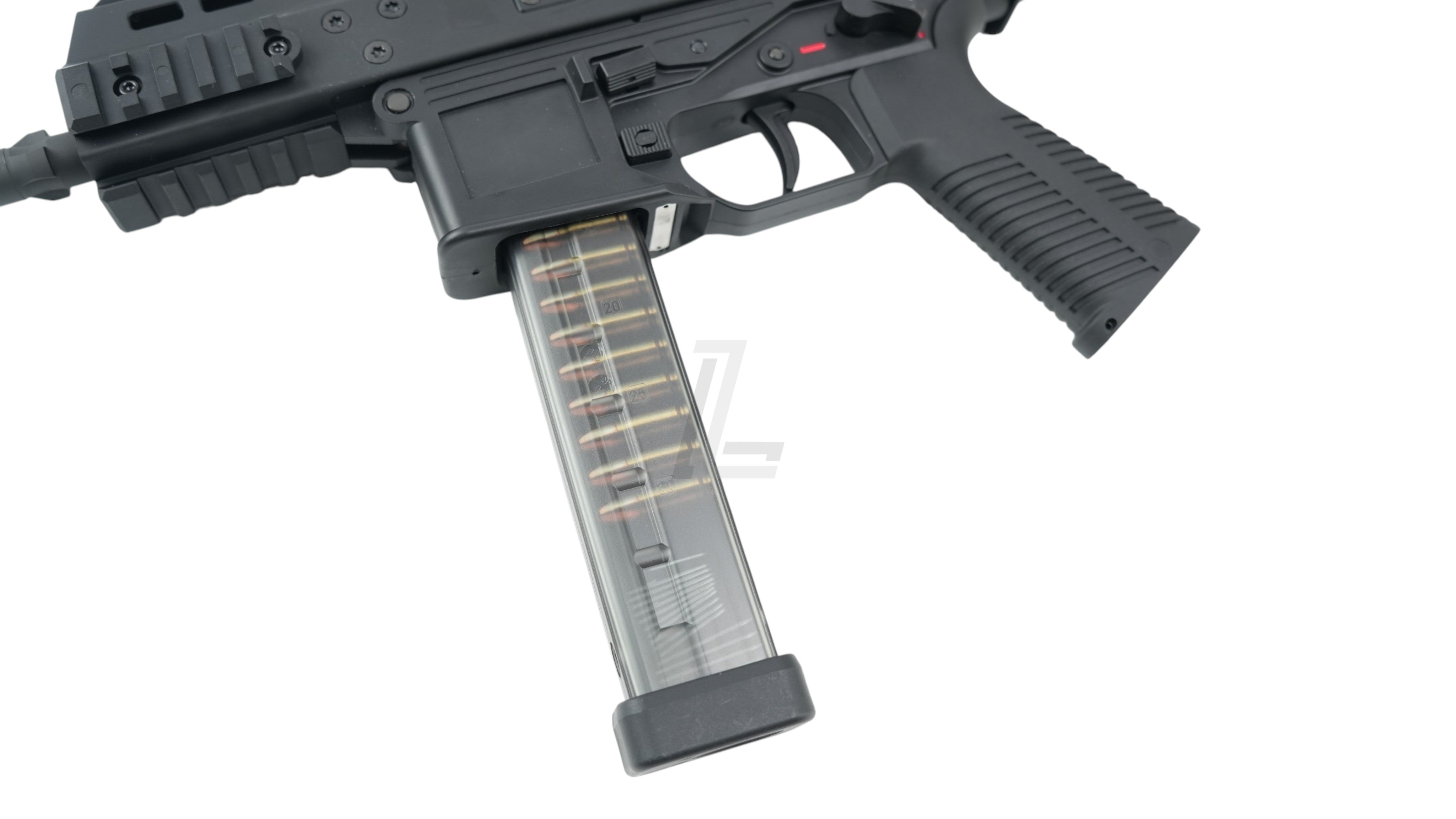 Landing Zone MARUYAMA SCW-9K PRO GBB airsoft SMG in black with a transparent magazine showing dummy rounds