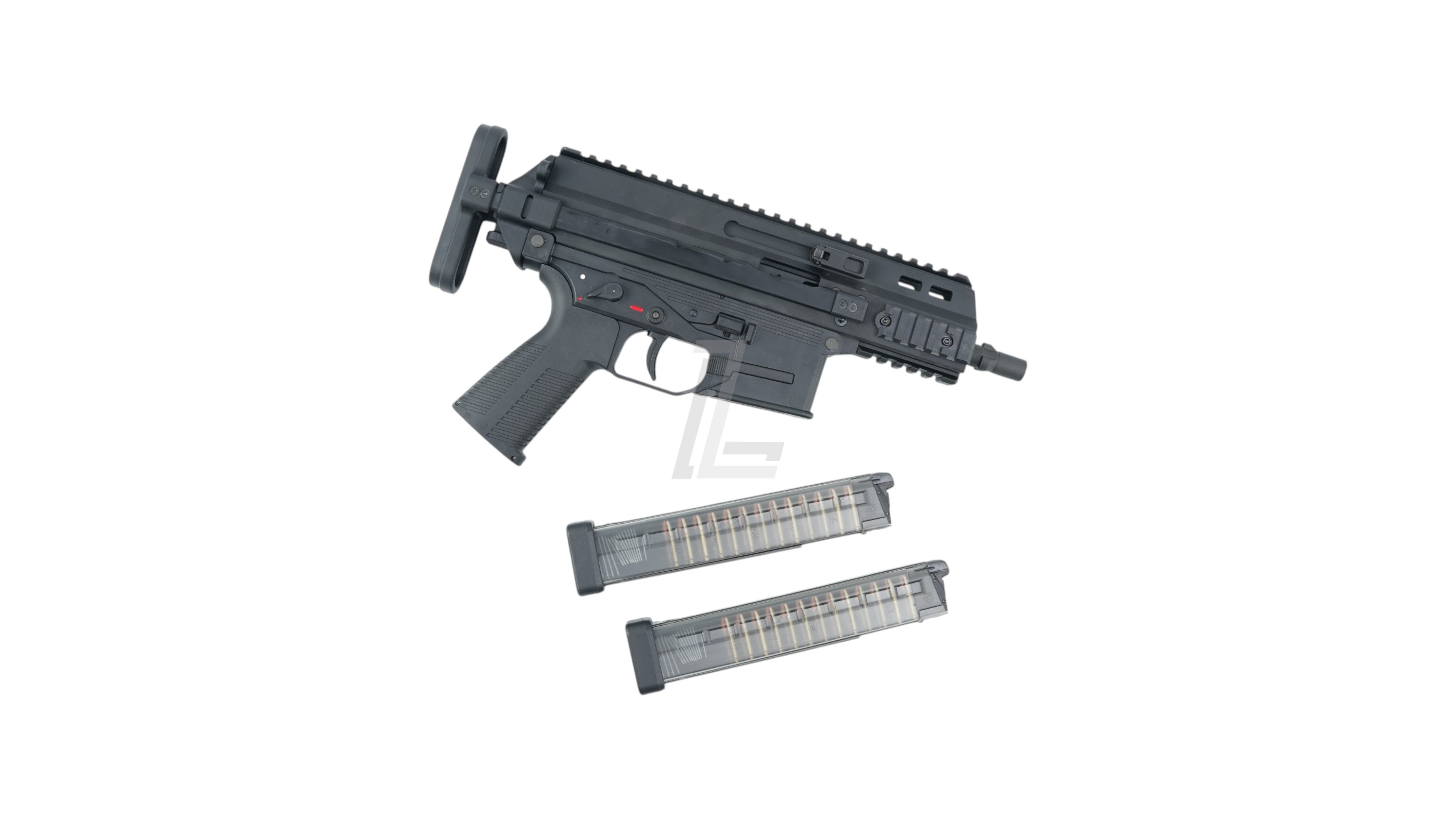 Landing Zone MARUYAMA SCW-9K PRO black gas blowback airsoft SMG with two transparent magazines for CQB gameplay