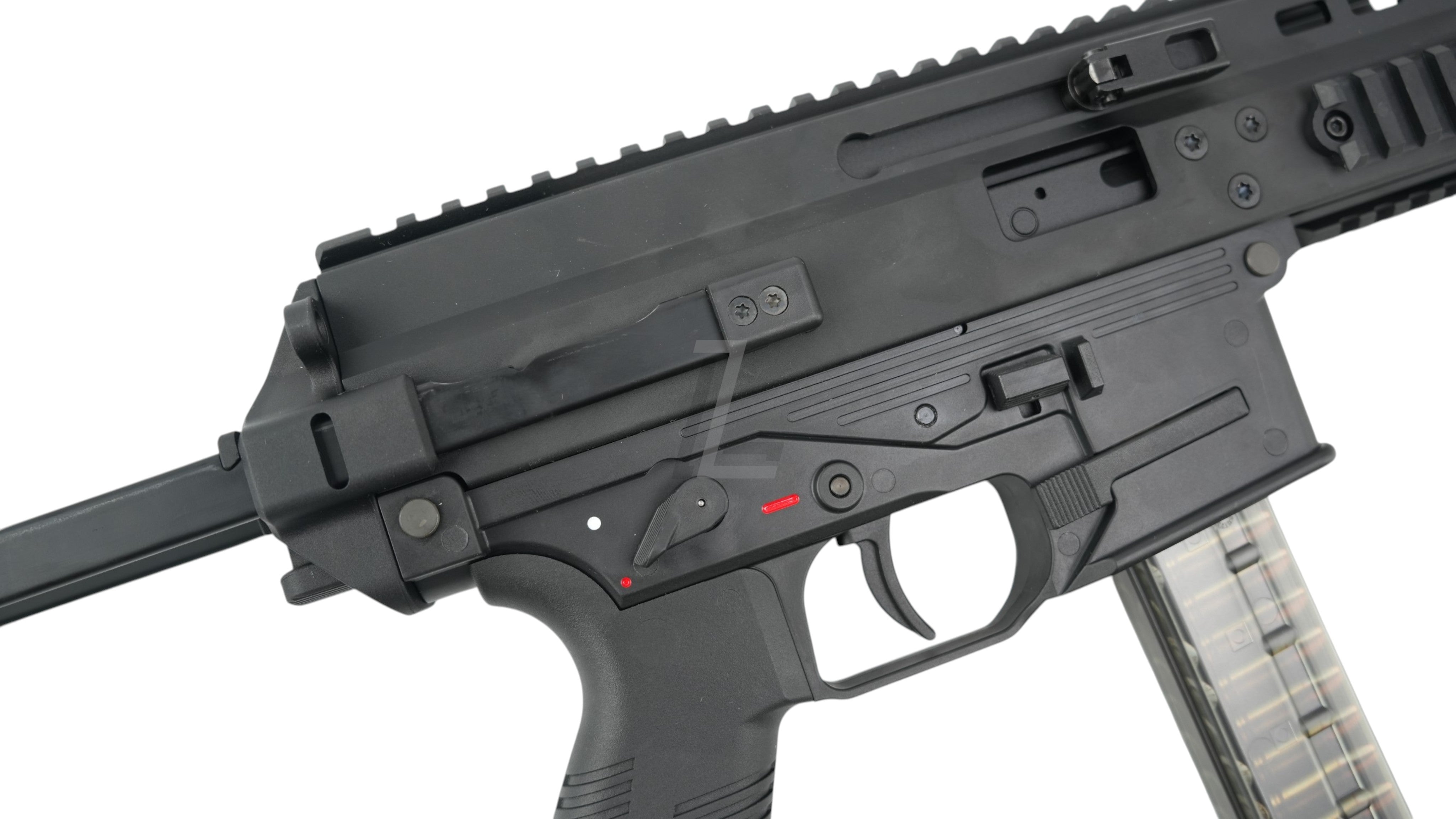 Landing Zone MARUYAMA SCW-9K PRO GBB airsoft SMG in black with fire selector and magazine detail