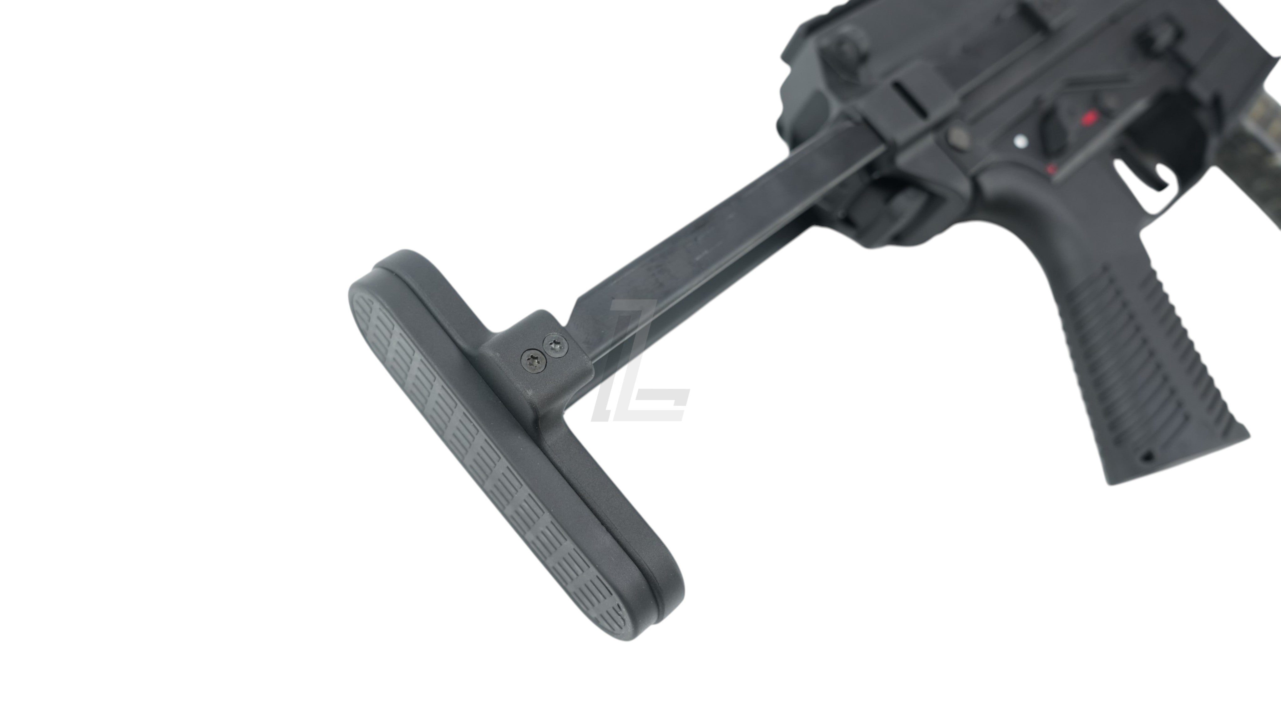 Landing Zone MARUYAMA SCW-9K PRO GBB airsoft SMG showing the black retractable stock and ergonomic pistol grip