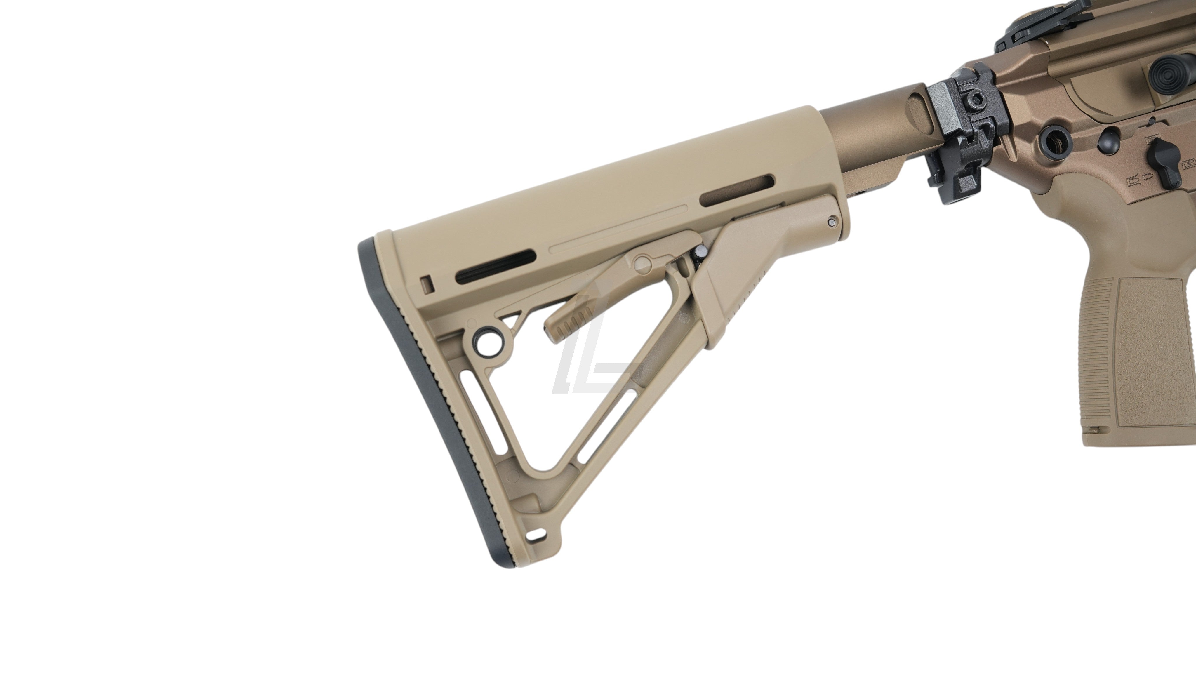 Landing Zone SALVO PRECISION MCX airsoft rifle adjustable stock in dark earth color on a white background
