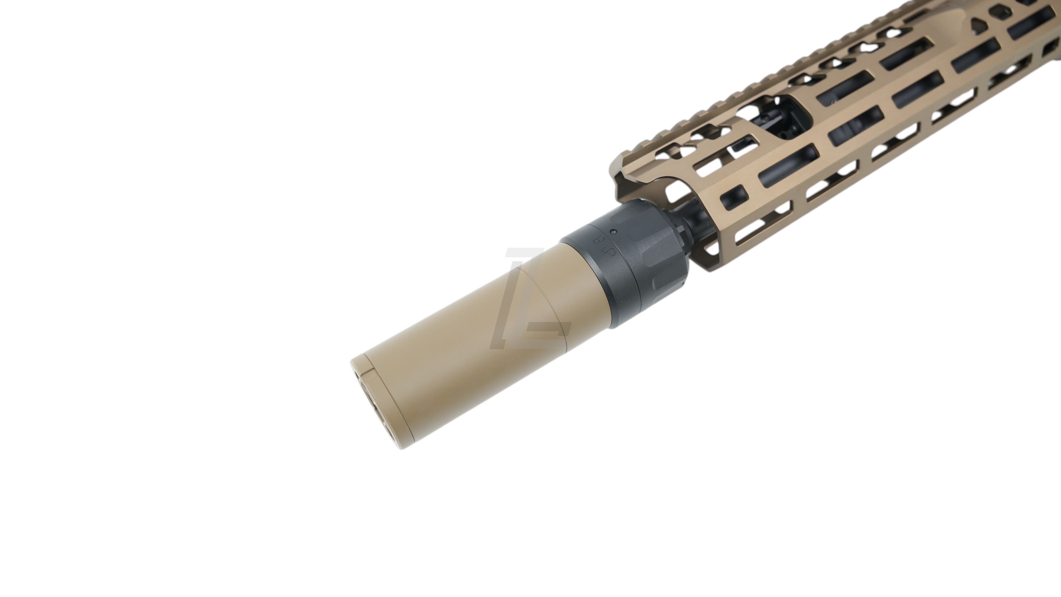Landing Zone SALVO PRECISION MCX airsoft rifle barrel with Dark Earth M-LOK handguard and matching suppressor