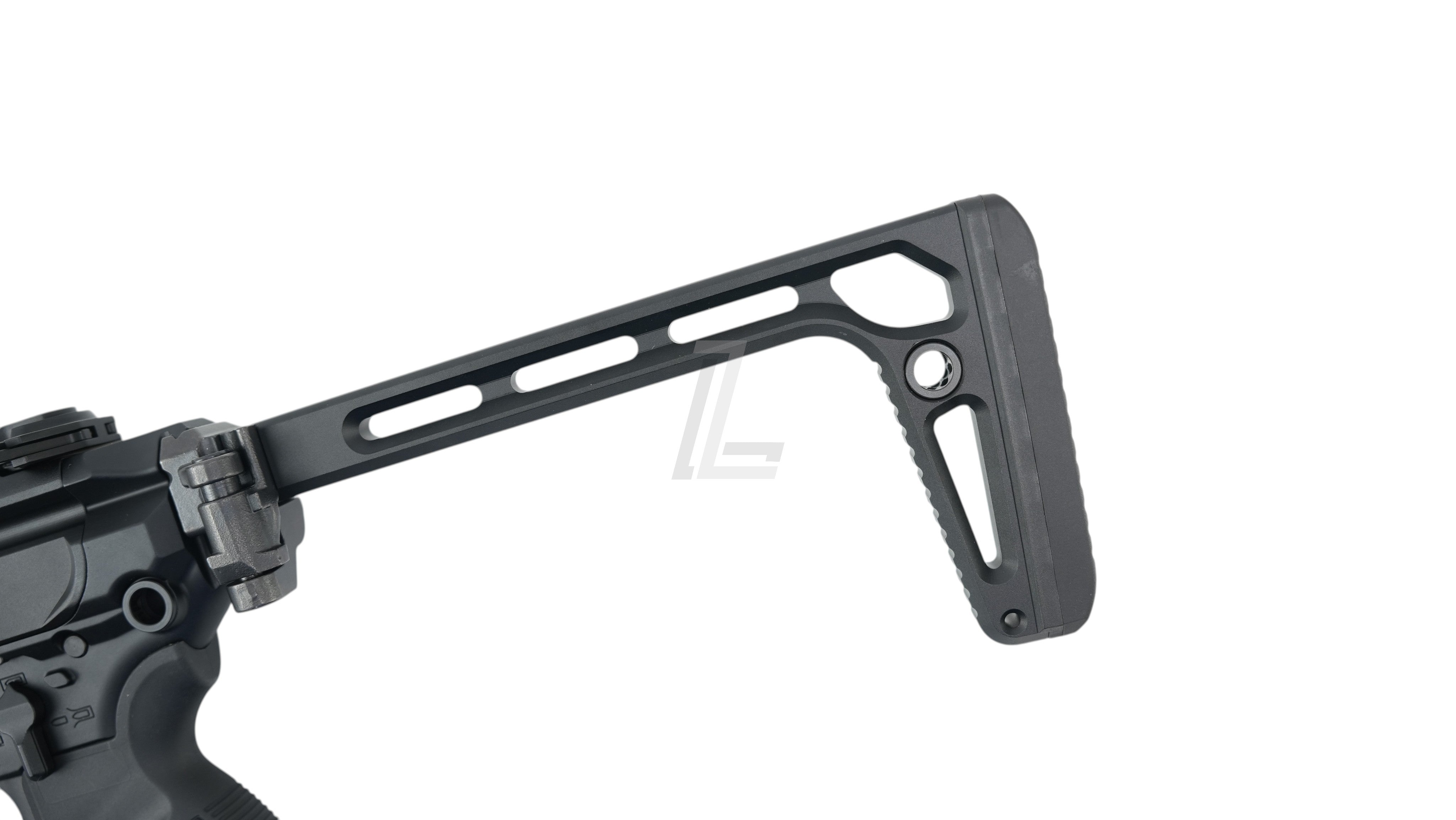 Landing Zone black metal folding stock for SALVO PRECISION MCX Rattler LT airsoft rifle on white background