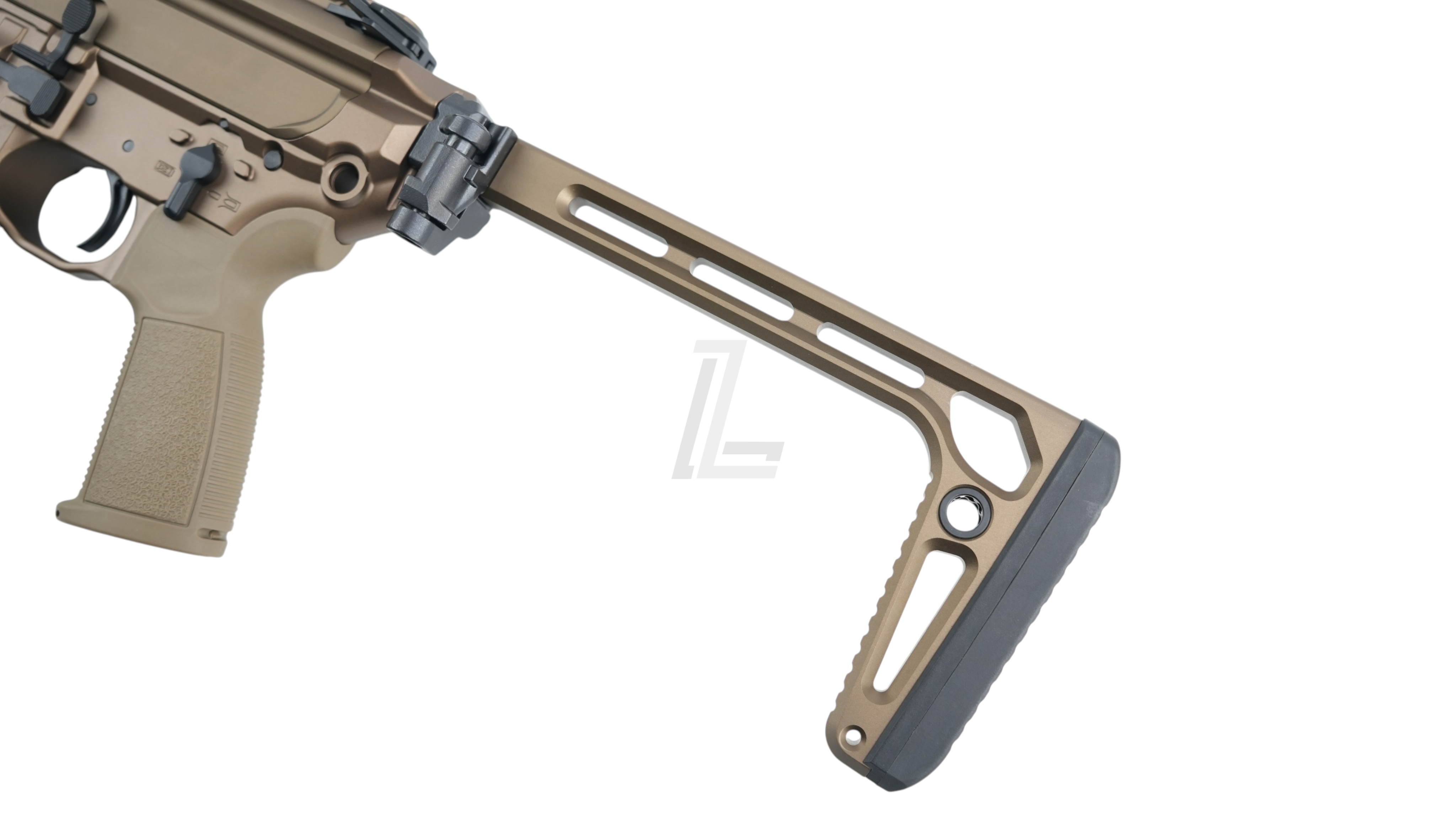 Landing Zone SALVO PRECISION MCX SPEAR GBB airsoft rifle featuring a dark earth folding stock and tactical design