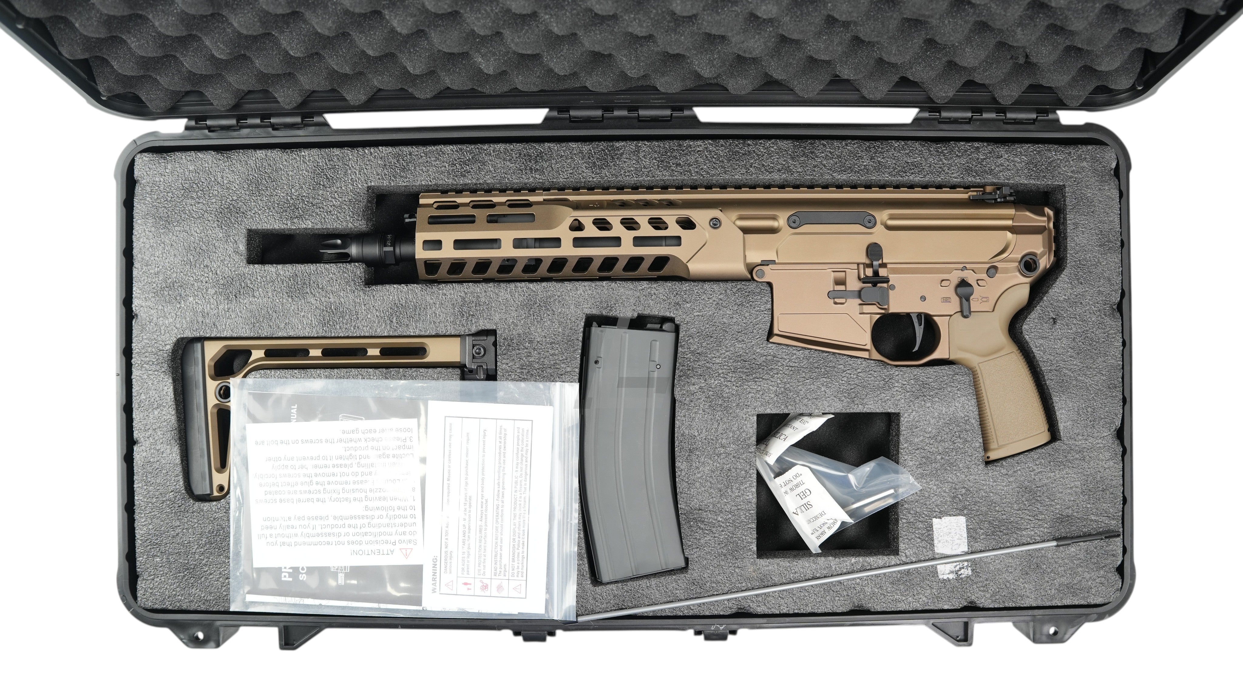Landing Zone SALVO PRECISION MCX SPEAR LT GBB airsoft rifle in dark earth with stainless steel bolt in foam case