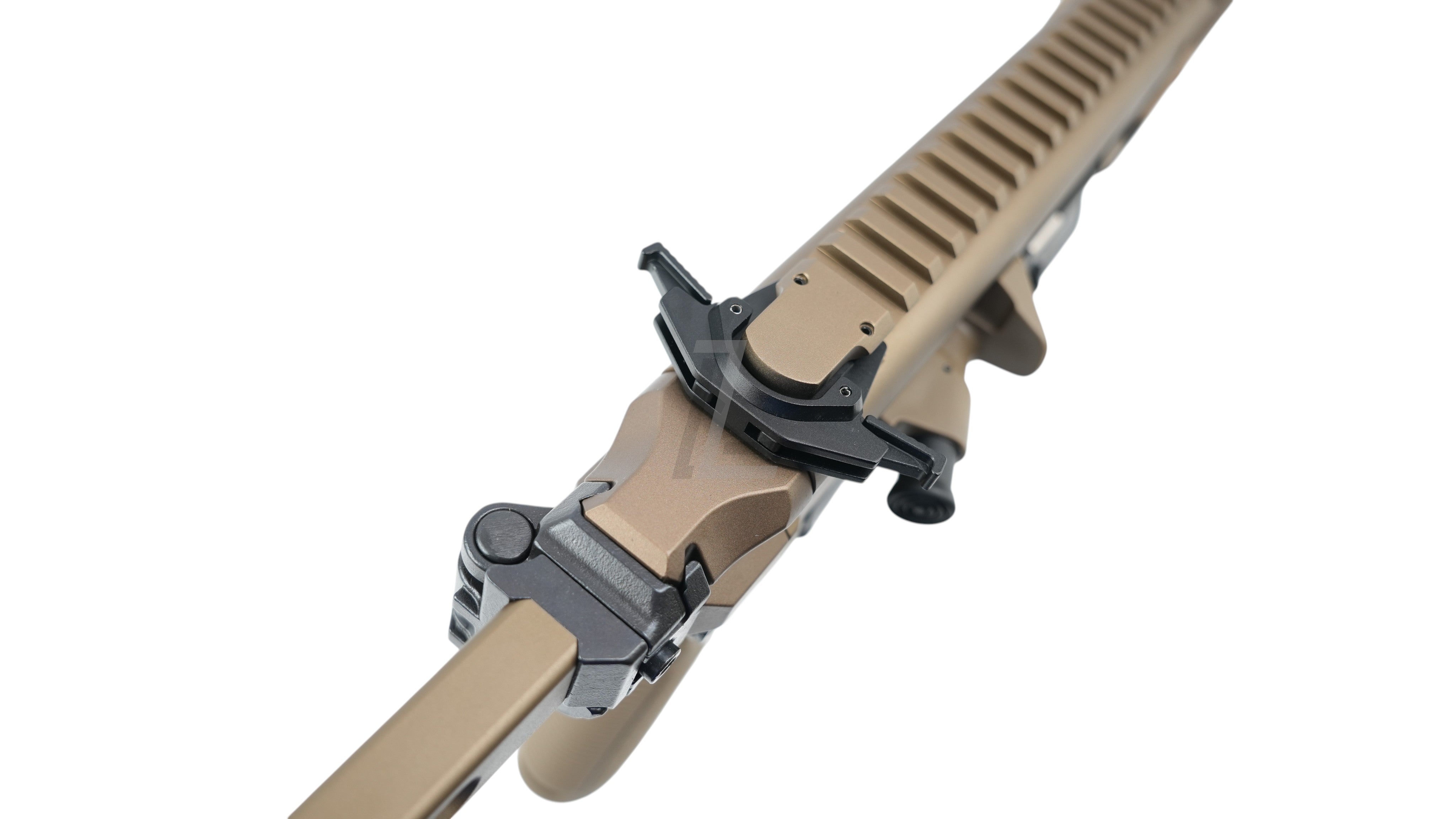 Landing Zone SALVO PRECISION MCX SPEAR LT airsoft rifle in dark earth with stainless steel bolt and top rail view