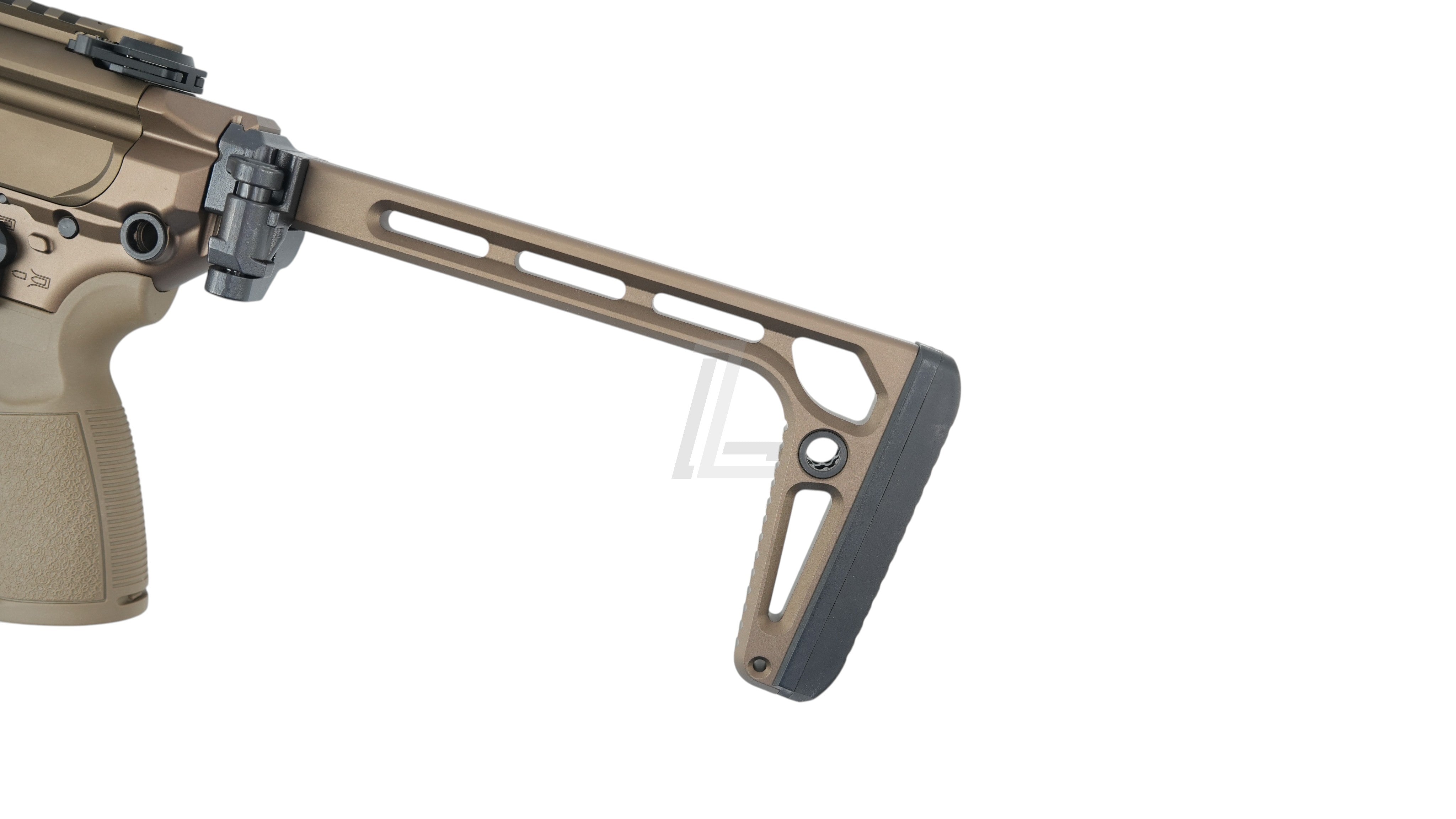 Landing Zone SALVO PRECISION MCX SPEAR LT GBB airsoft rifle featuring a skeletonized folding stock in dark earth finish