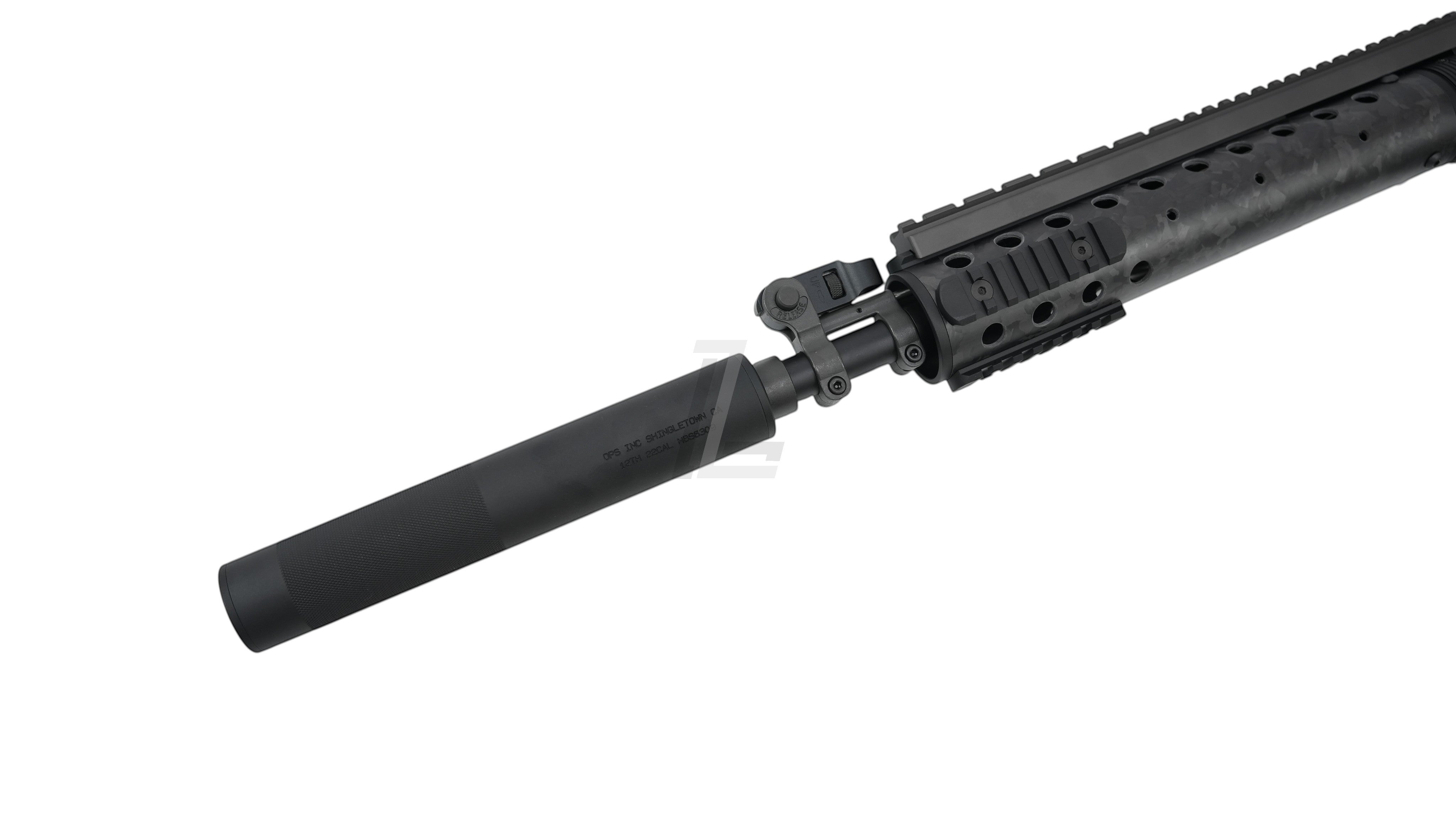 Landing Zone MARKSMAN MK12 Mod0 Gen2 GBB airsoft rifle barrel with black metal suppressor and free-float handguard