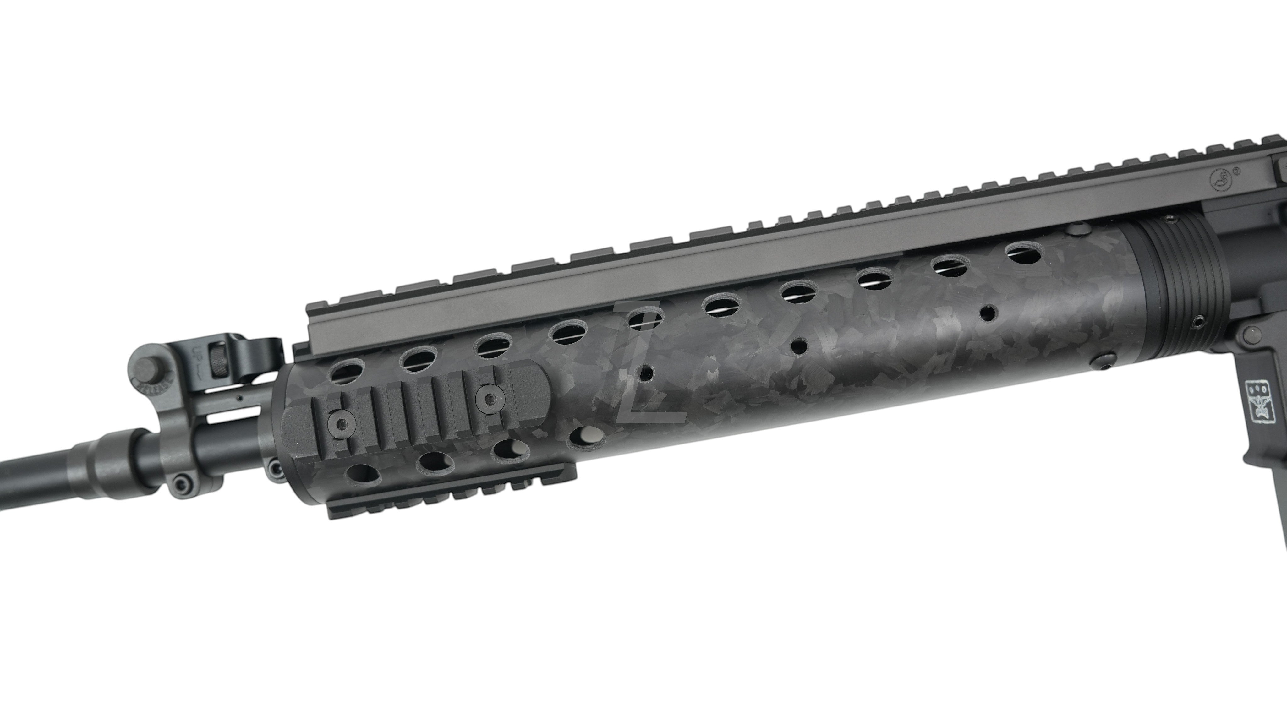 Landing Zone MARKSMAN MK12 Mod0 Gen2 airsoft rifle featuring a black carbon fiber handguard and metal rail system