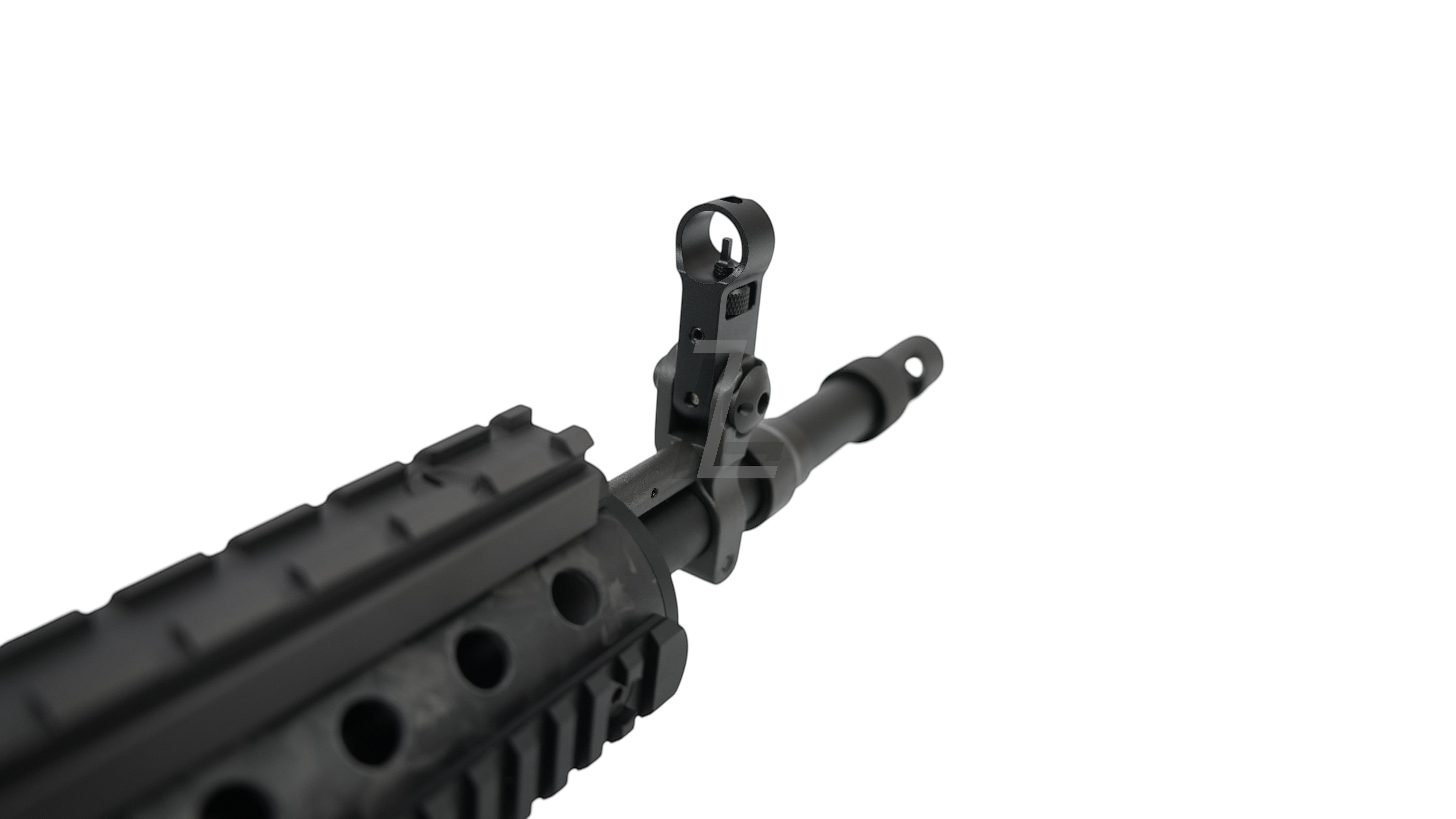 Landing Zone MARKSMAN MK12 Mod0 Gen2 GBB airsoft rifle featuring a black metal front sight and ventilated handguard
