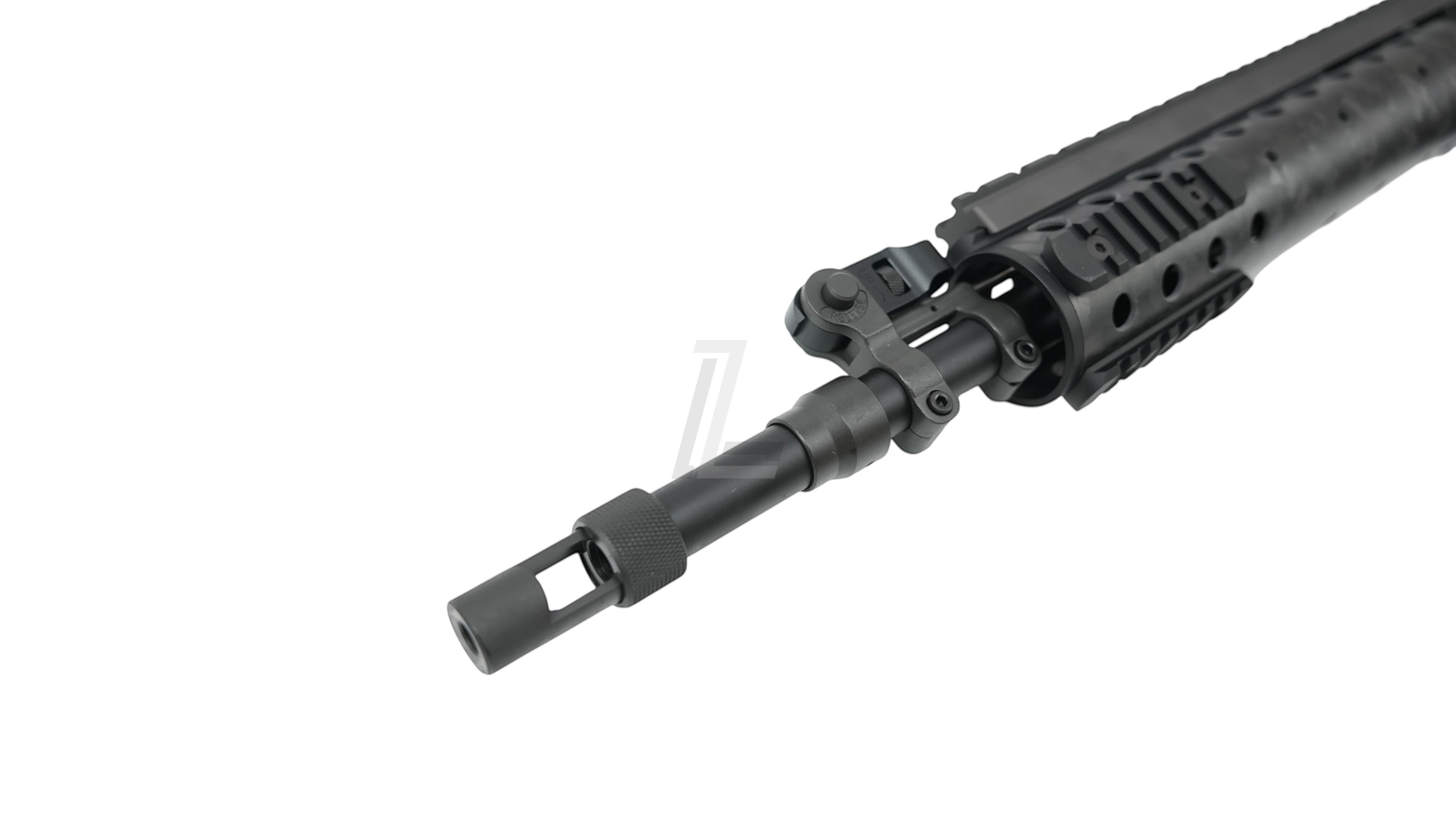 Landing Zone MARKSMAN MK12 Mod0 Gen2 GBB airsoft rifle barrel and muzzle brake detail in matte black metal finish