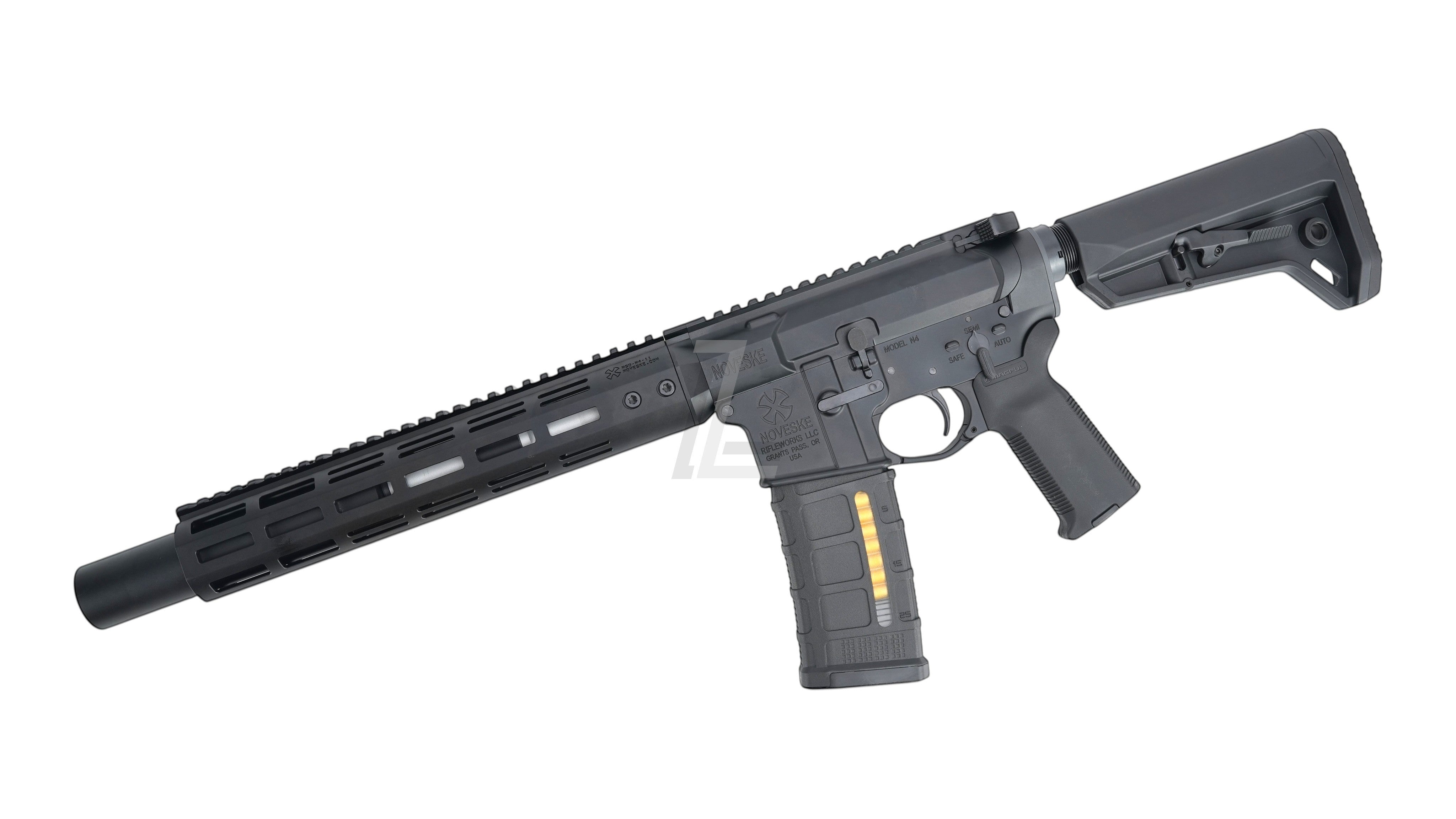 Landing Zone Double Eagle EMG Noveske N4 NSR GBB rifle in black with Eshooter Flare Mono tracer unit