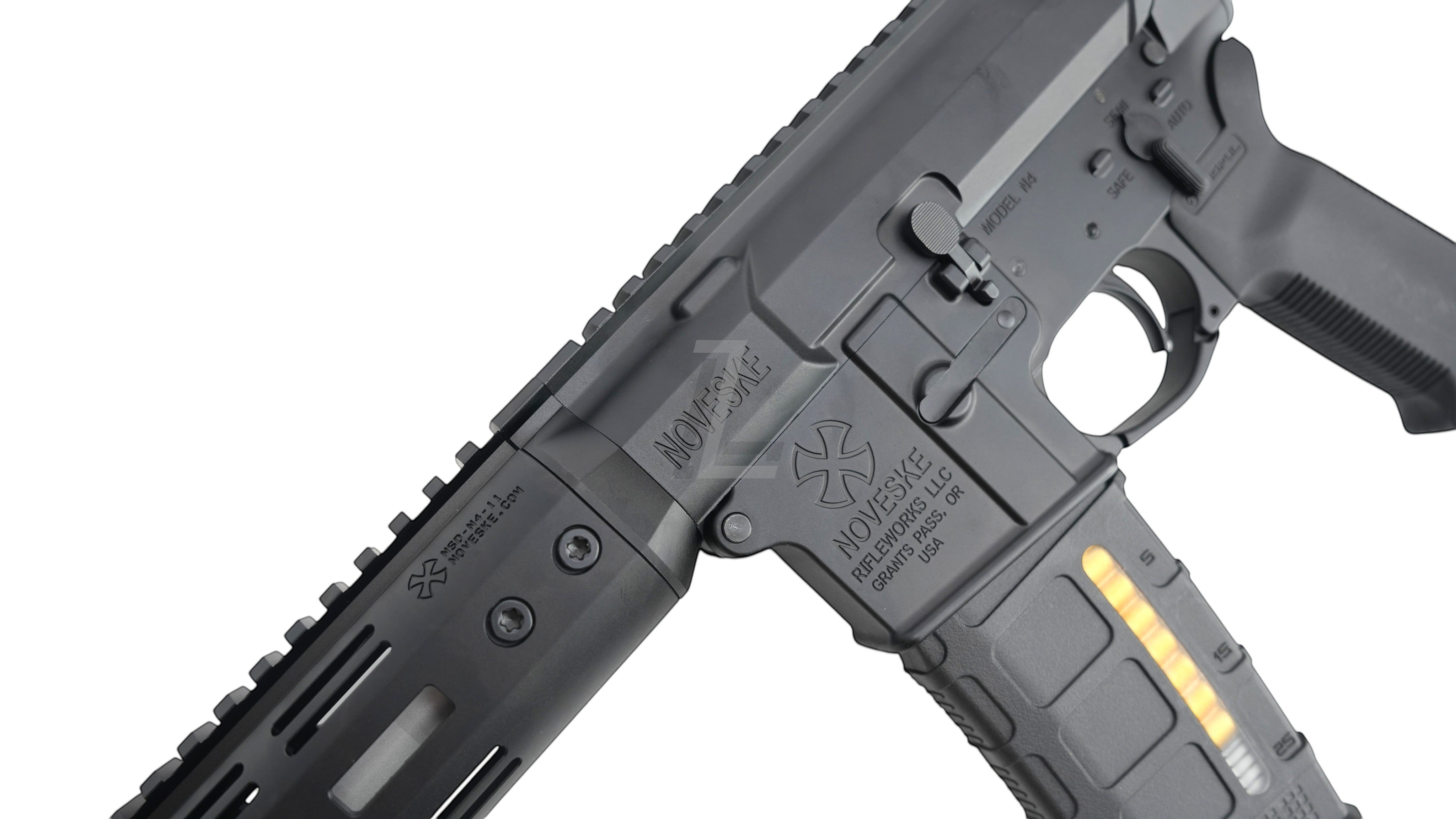 Landing Zone Double Eagle EMG Noveske N4 GBB rifle in black with engraved receiver and NSR handguard details