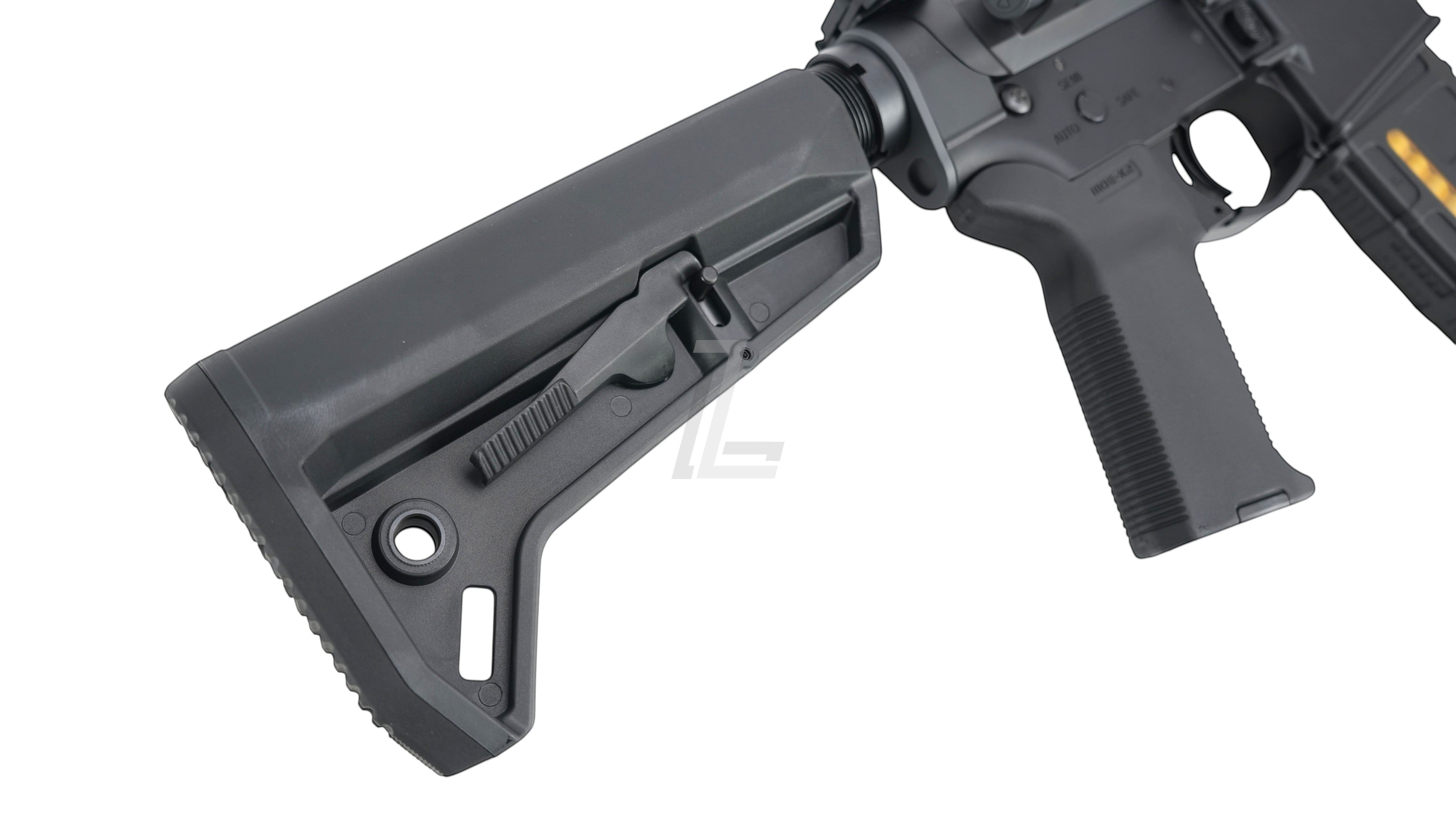 Landing Zone Double Eagle EMG Noveske N4 GBB rifle black adjustable polymer stock close-up