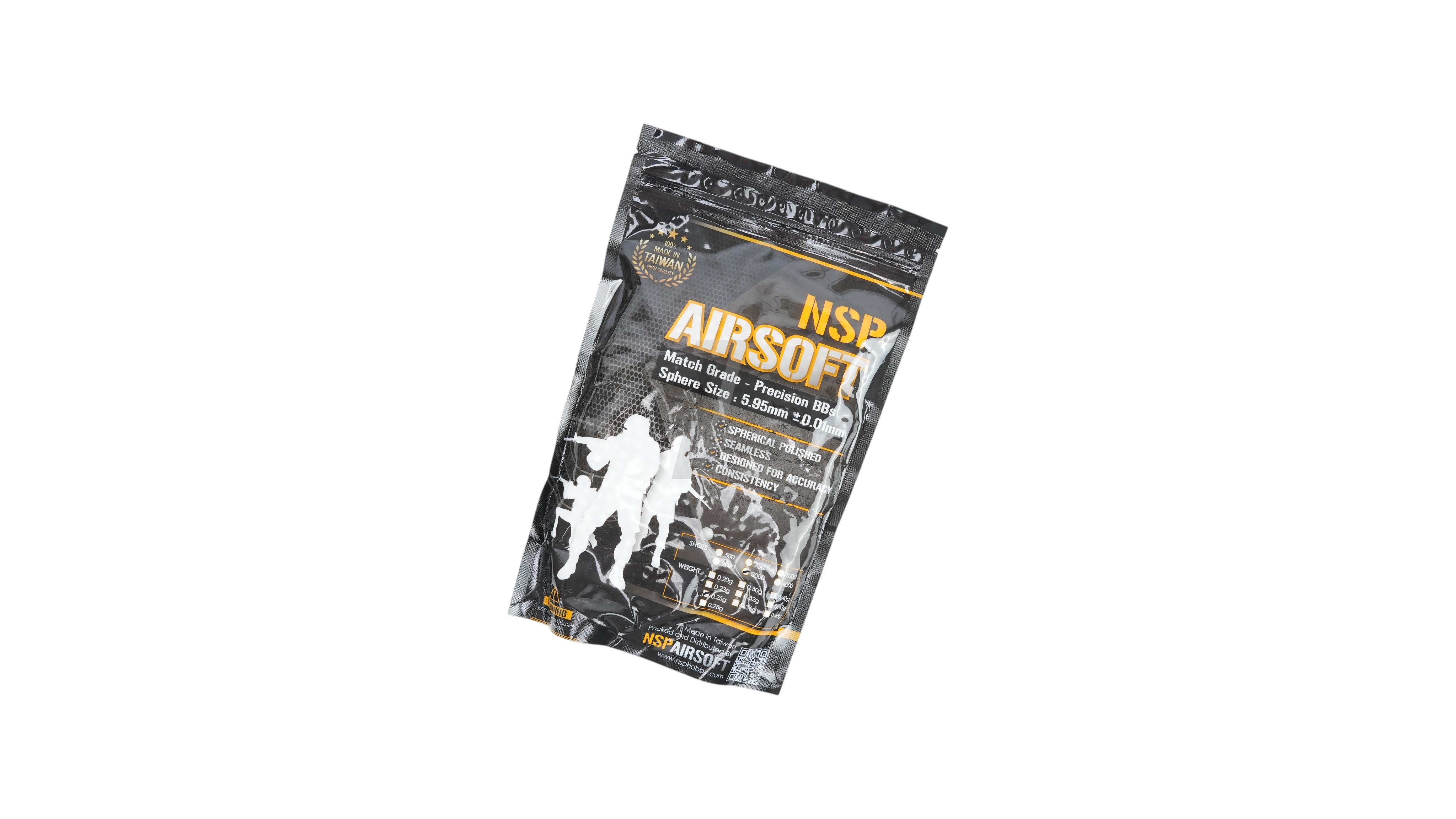 Landing Zone NSP airsoft BBs in a black resealable bag, featuring precision match-grade 6mm pellets for airsoft guns.
