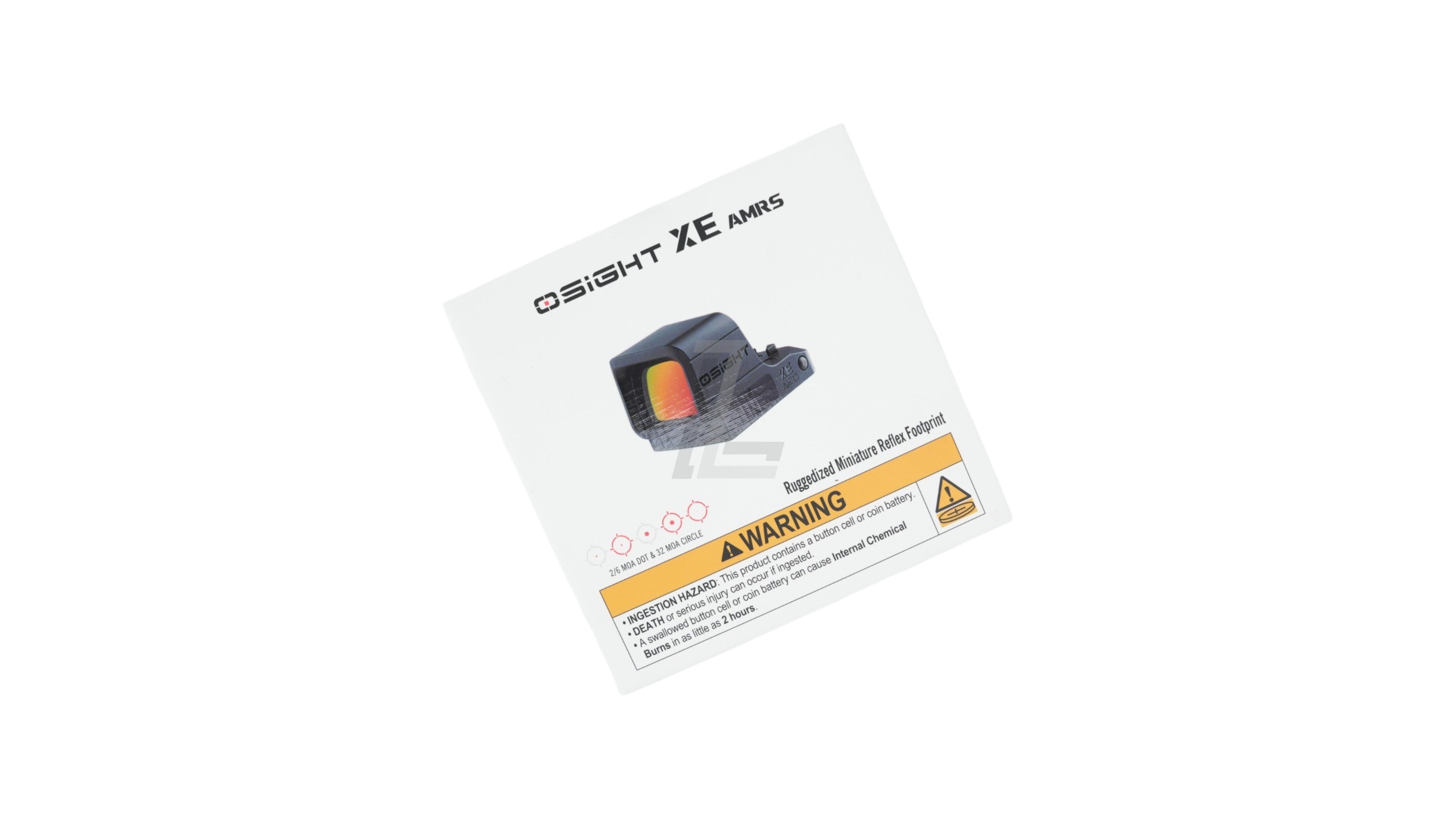 Landing Zone OSIGHT XE AMRS enclosed red dot sight product packaging box with warning label on white background