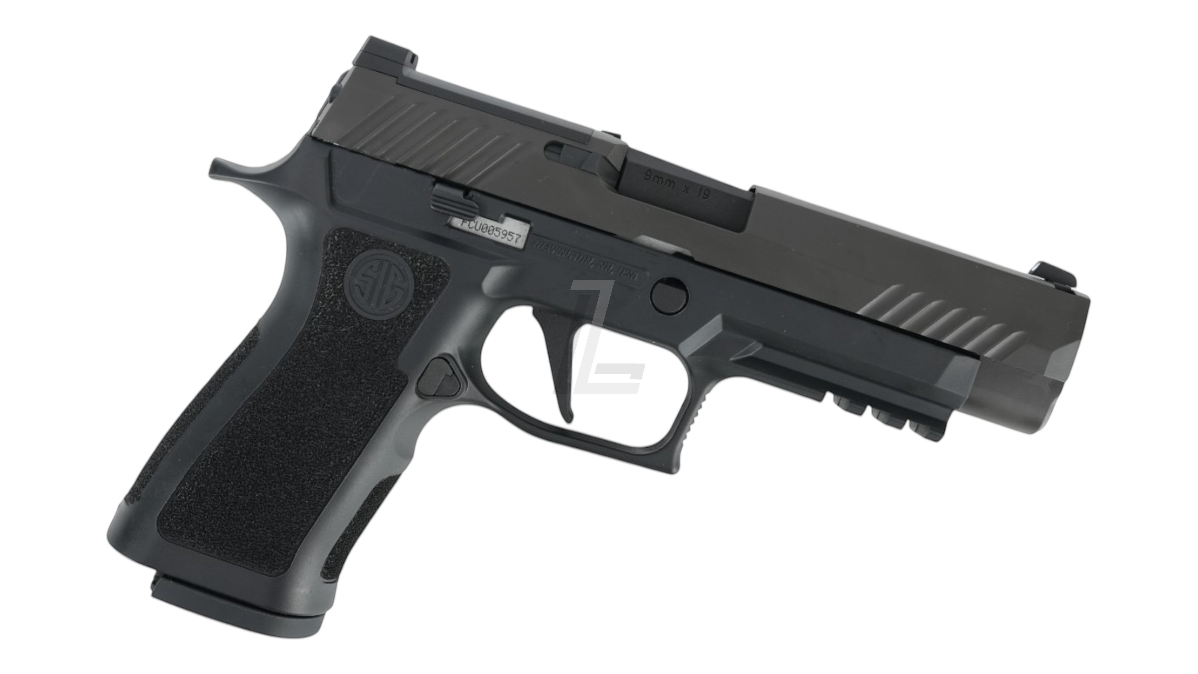 Landing Zone PARABELLUM P320 XFULL airsoft GBB pistol in black with textured grip and accessory rail.