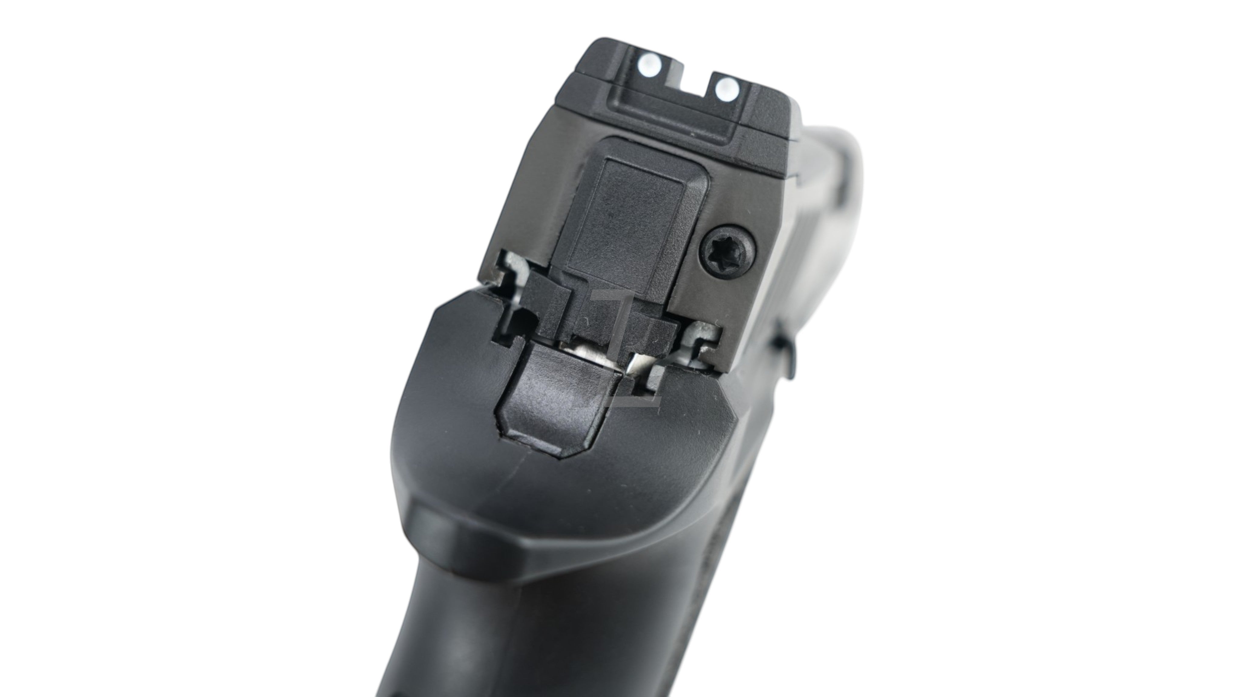 Rear view of the black Landing Zone PARABELLUM P320 XFULL airsoft GBB pistol showing the slide and iron sights.