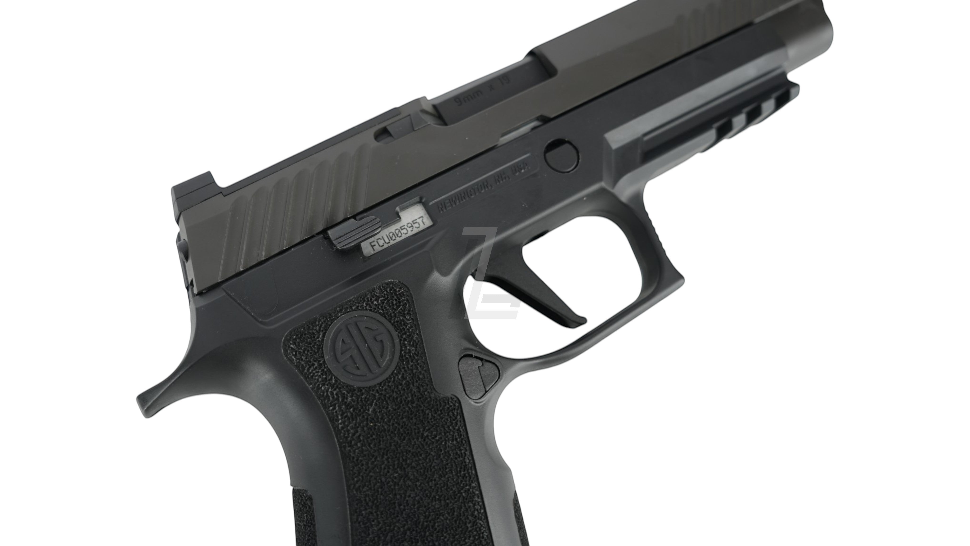 Landing Zone PARABELLUM P320 XFULL airsoft GBB pistol in black with textured grip and metal slide.