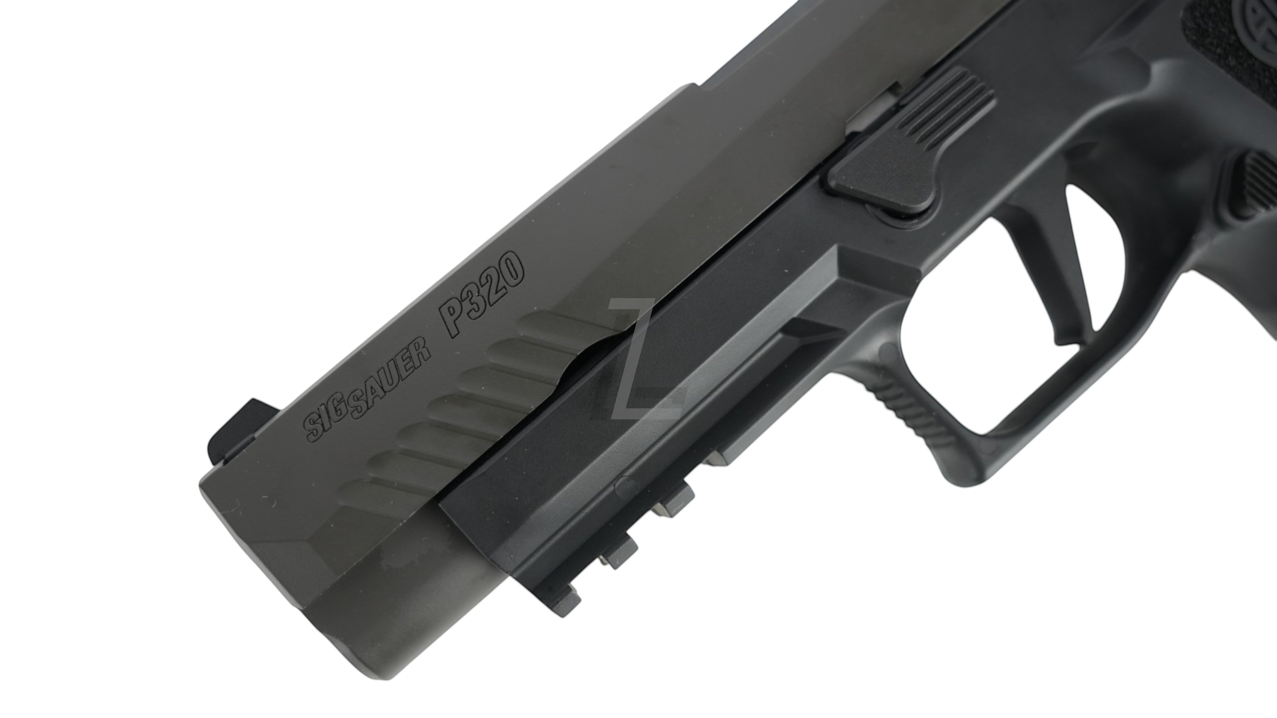Landing Zone Parabellum P320 XFULL airsoft GBB pistol in black with integrated accessory rail and slide serrations.