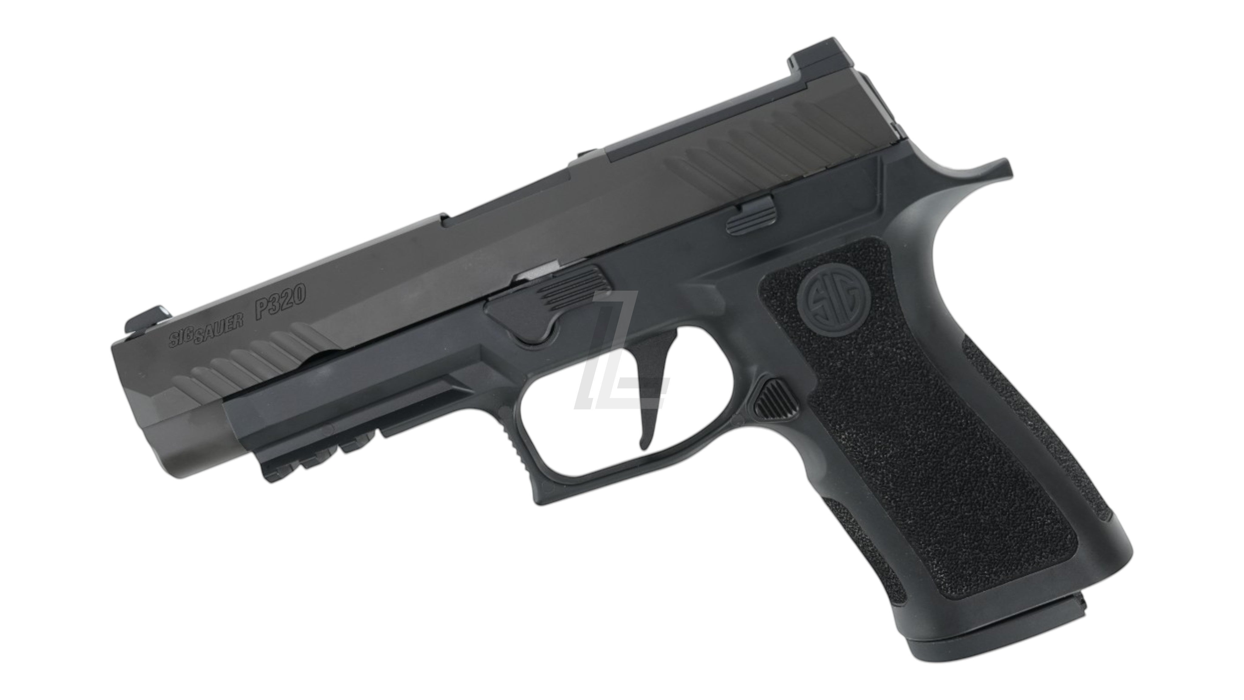 Landing Zone PARABELLUM P320 XFULL airsoft GBB pistol in black with textured grip and metal slide.